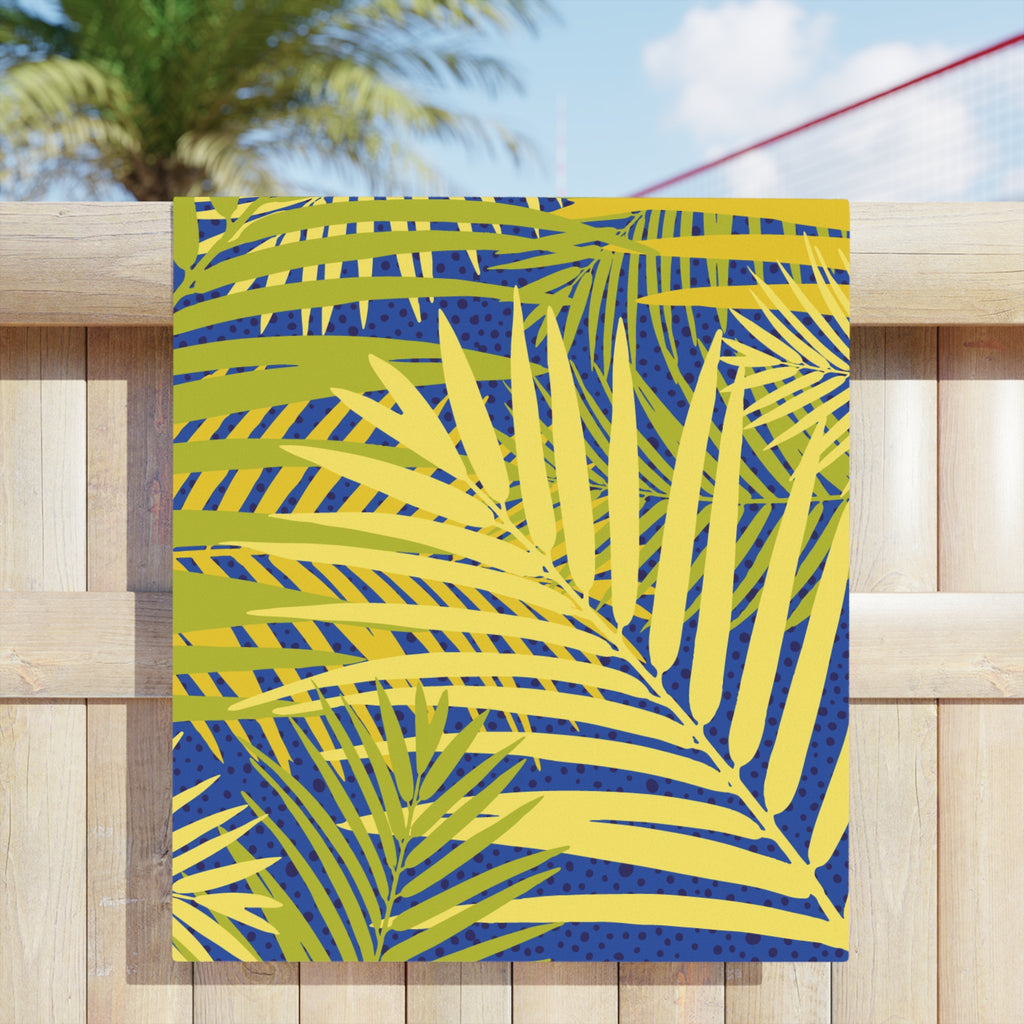 Tropical Palm Beach Towel — Vibrant Yellow & Blue Leaf Print