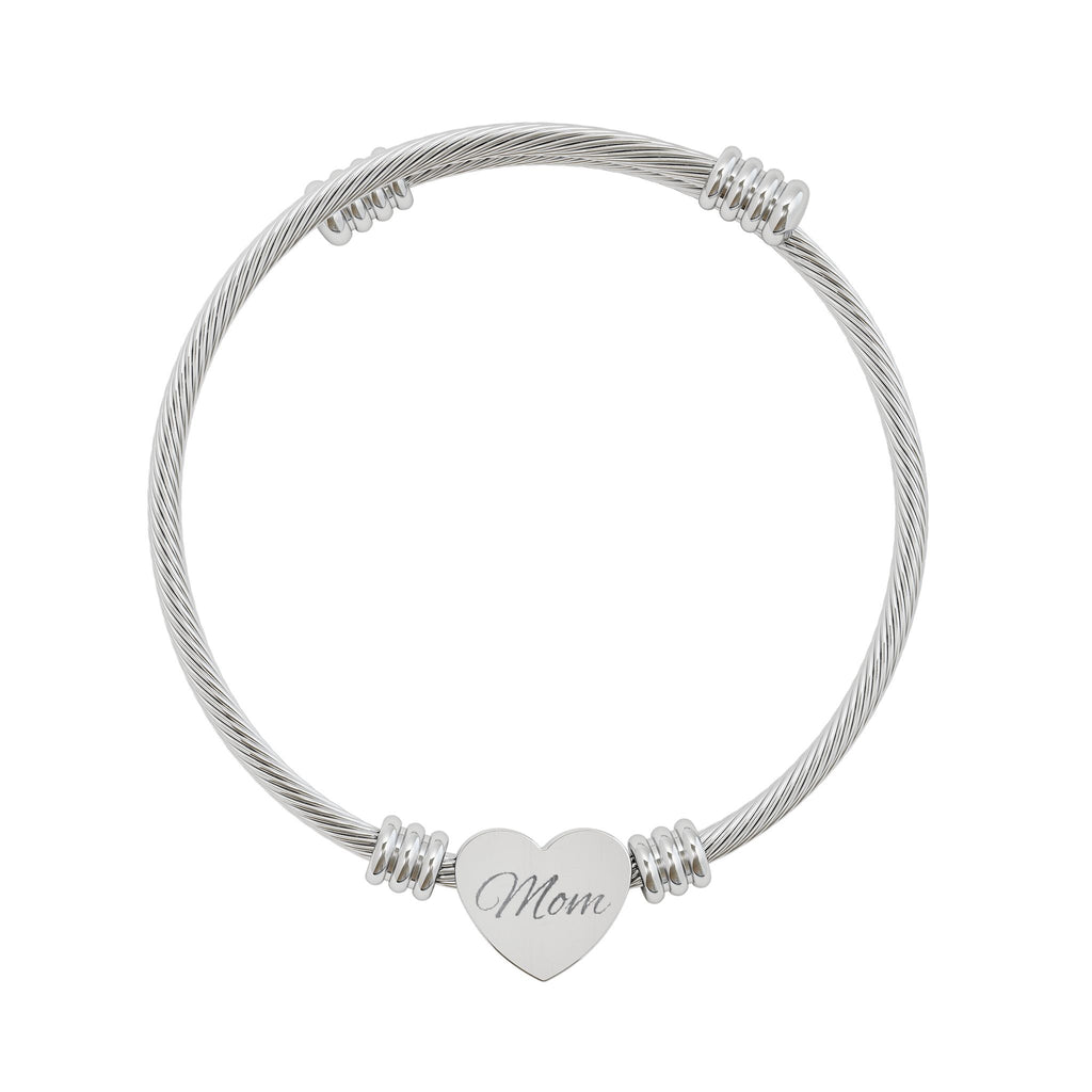 Engravable Heart Cuff Bracelet – Mom Heart Cable Bangle (Silver or Gold)