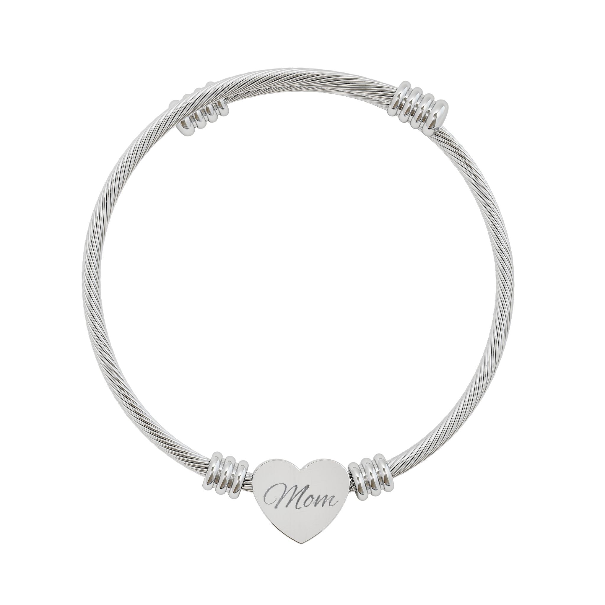 Engravable Heart Cuff Bracelet – Mom Heart Cable Bangle (Silver or Gold)