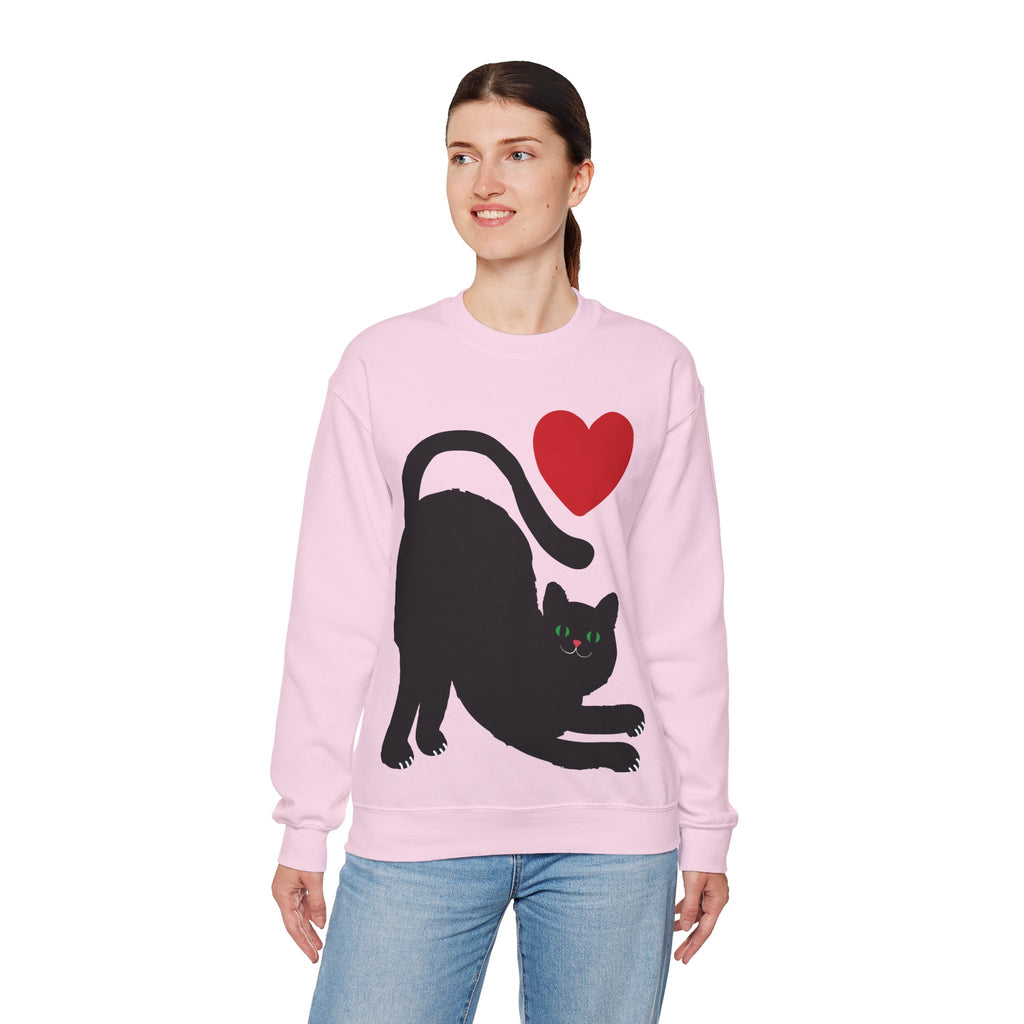 Cat Lover Sweatshirt — Black Cat with Heart Graphic