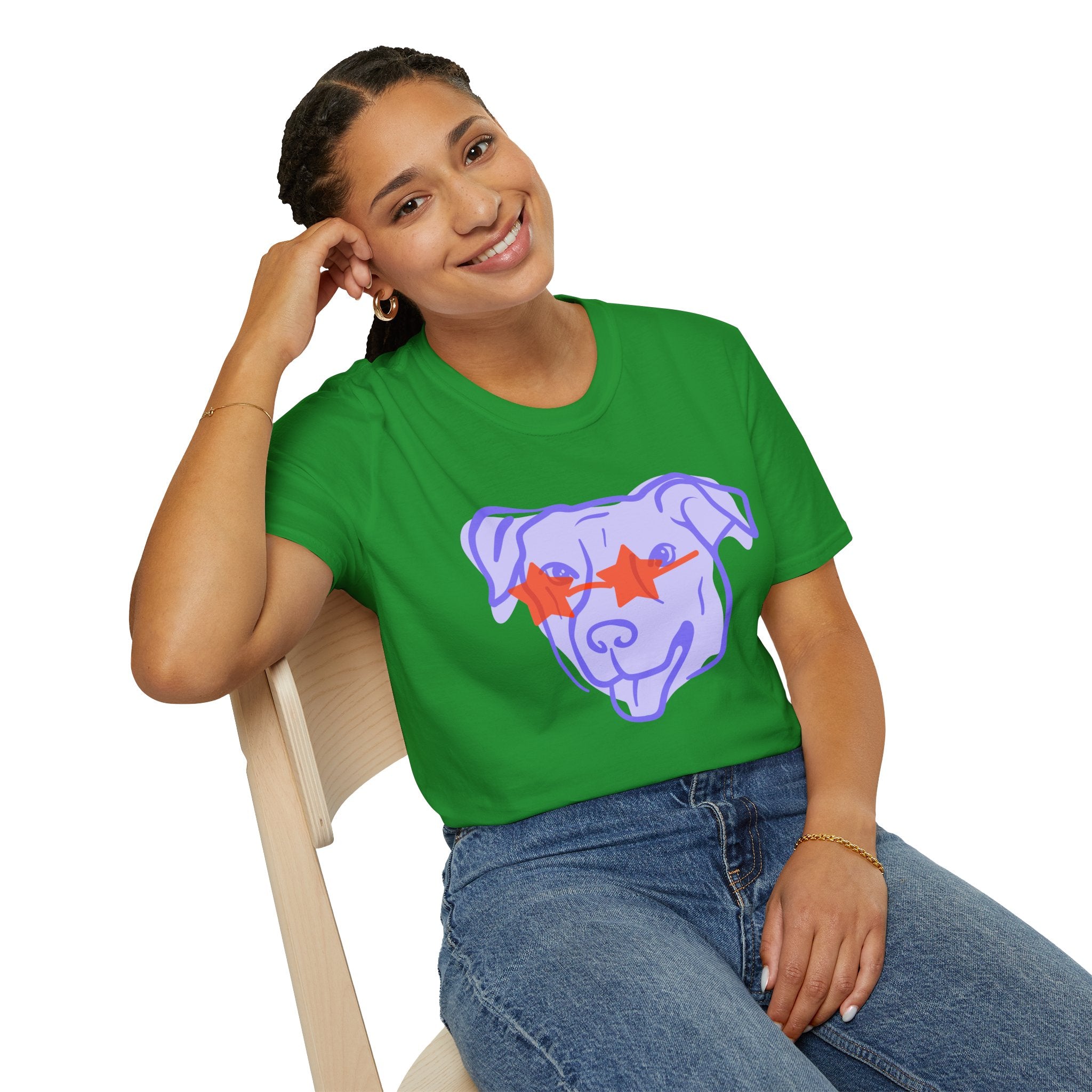 Star-Eyed Dog T-Shirt — Cute Purple Pup with Red Star Sunglasses Tee