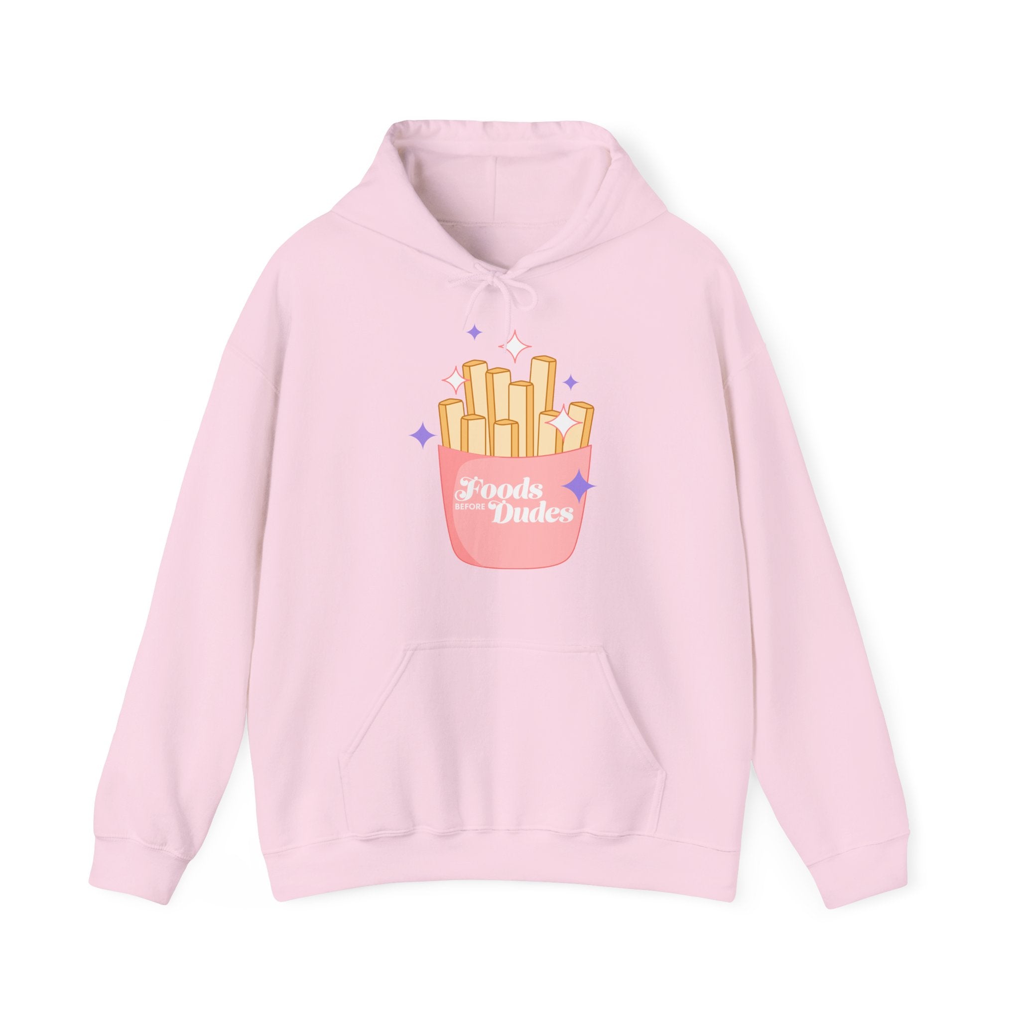 Foods Before Dudes Funny Hoodie — Cute Pink French Fry Graphic Pullover