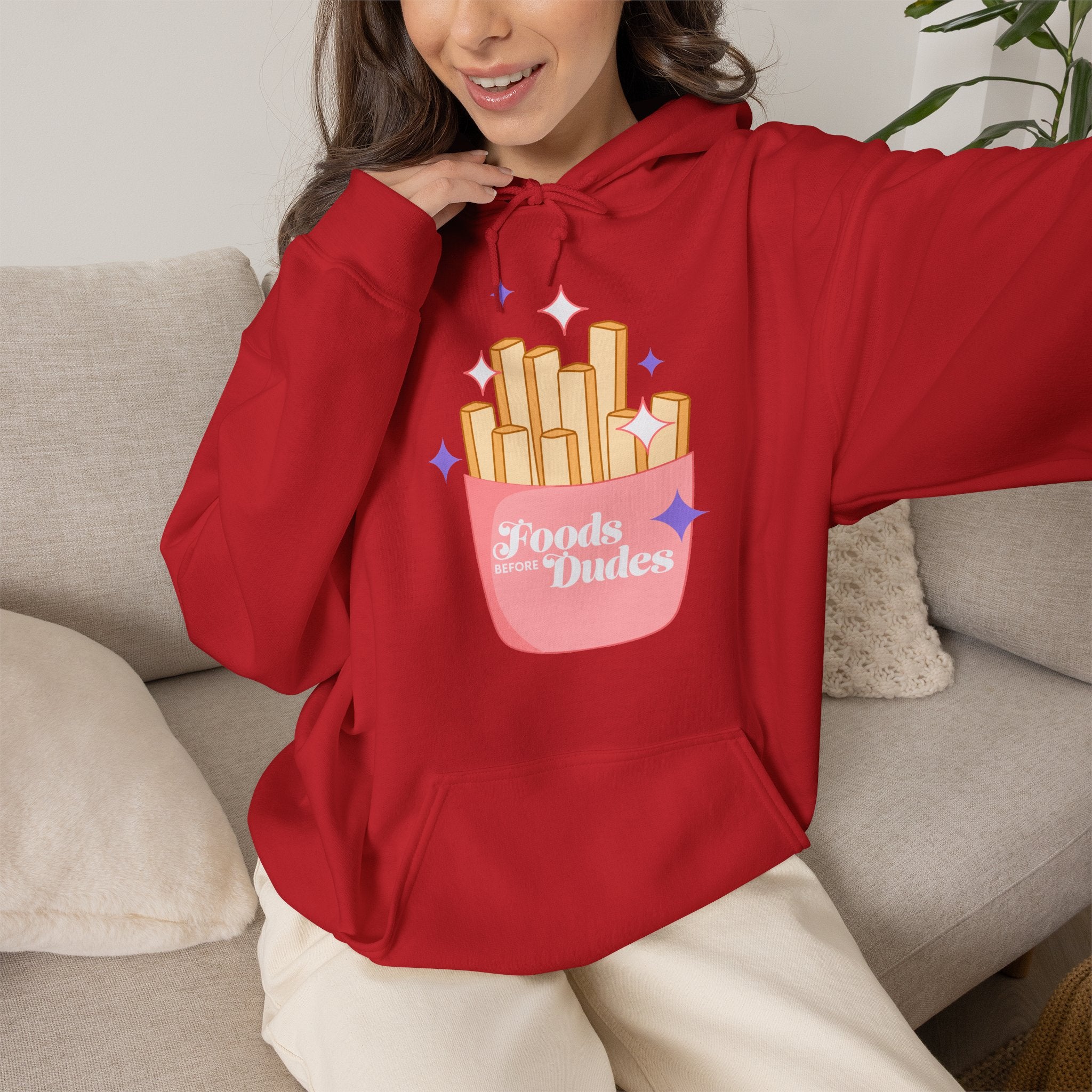 Foods Before Dudes Funny Hoodie — Cute Pink French Fry Graphic Pullover