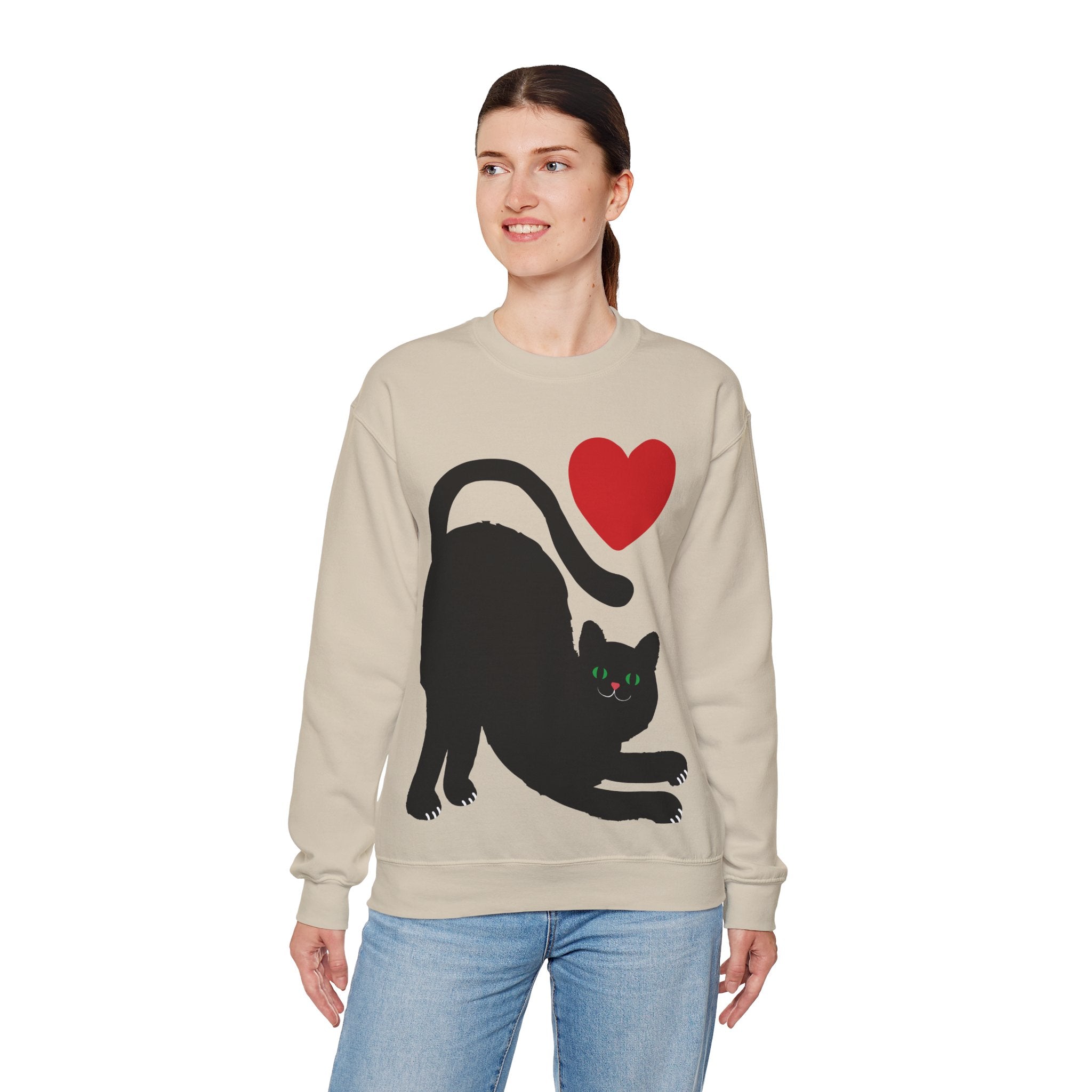 Cat Lover Sweatshirt — Black Cat with Heart Graphic
