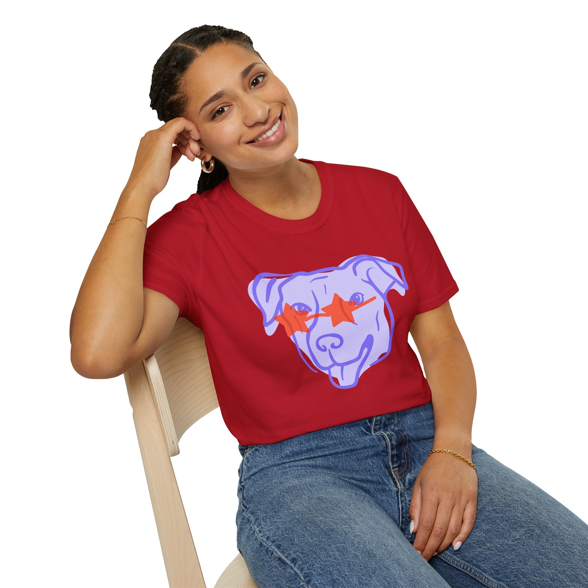 Star-Eyed Dog T-Shirt — Cute Purple Pup with Red Star Sunglasses Tee