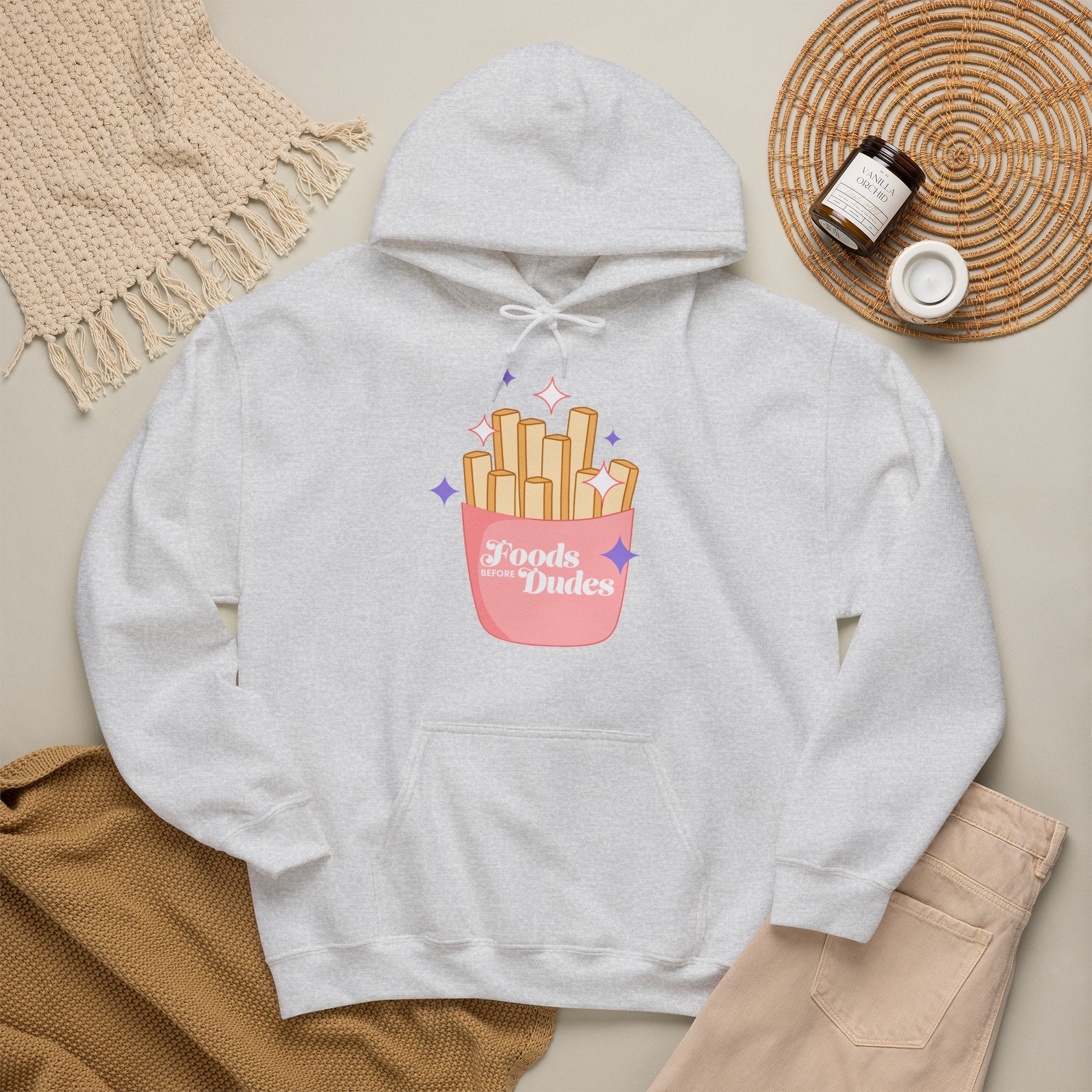 Foods Before Dudes Funny Hoodie — Cute Pink French Fry Graphic Pullover