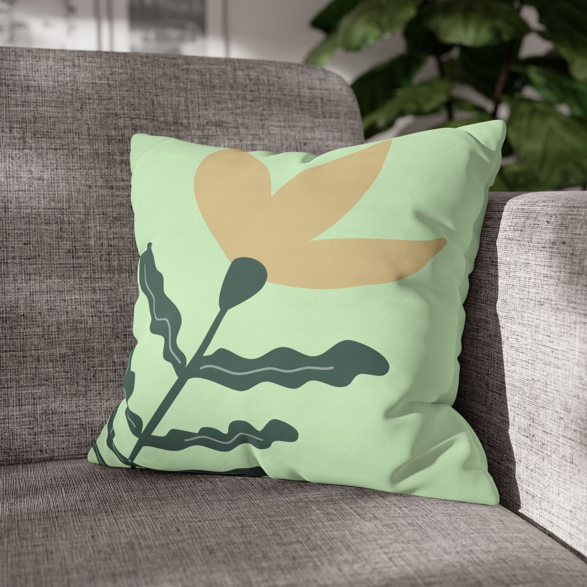 Botanical Mint Floral Pillowcase — Square Poly Canvas Cushion Cover