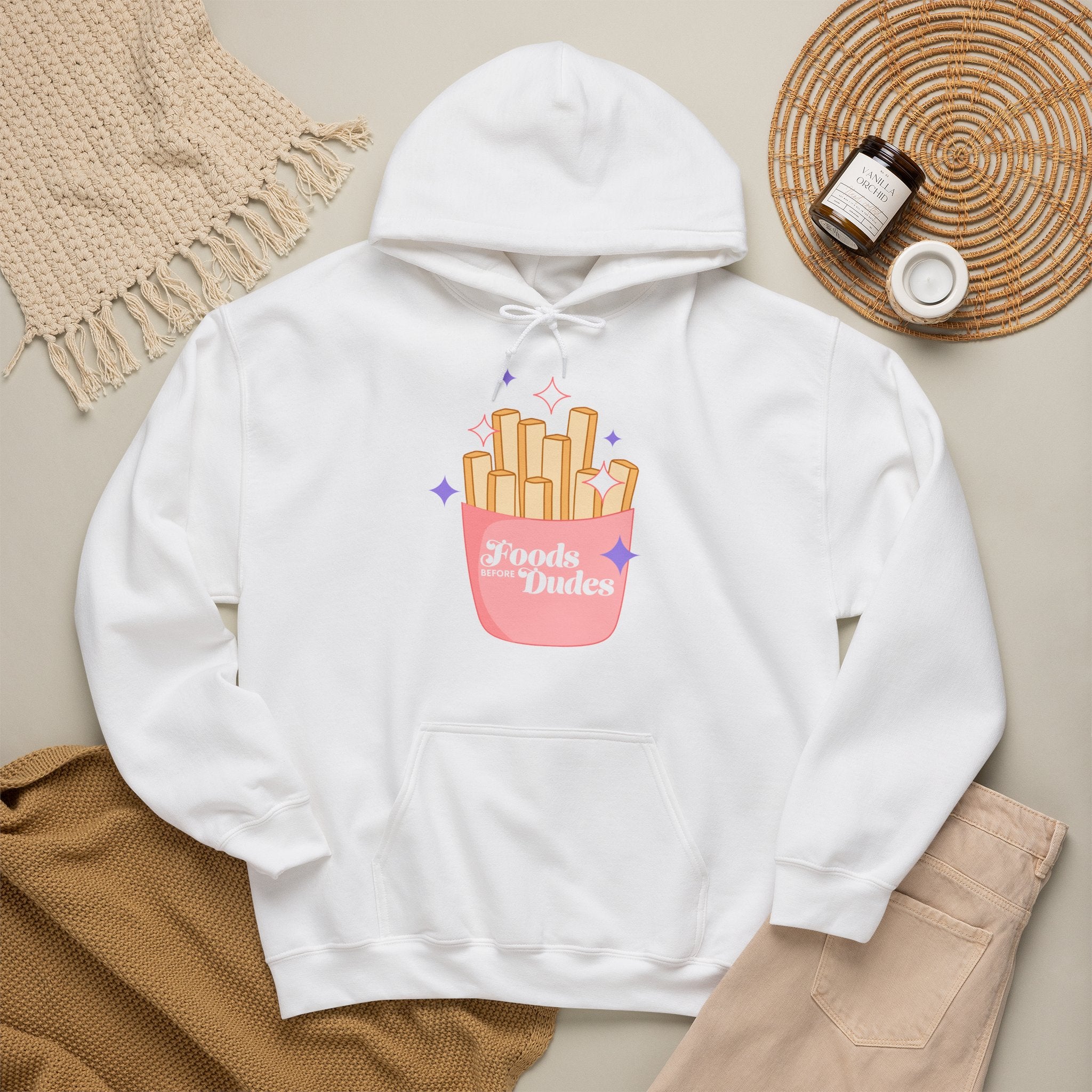 Foods Before Dudes Funny Hoodie — Cute Pink French Fry Graphic Pullover