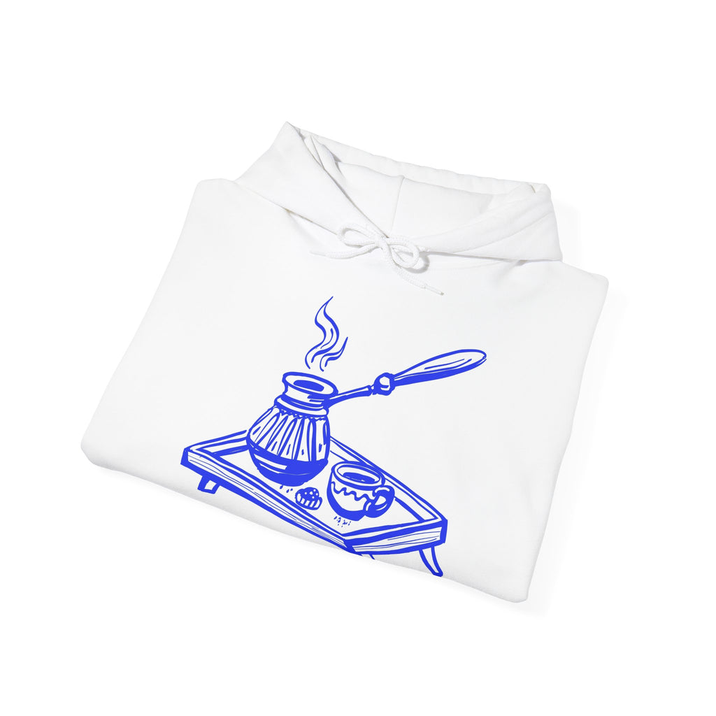 Coffee Cozy Hoodie — Hand Drawn Blue Turkish Coffee Pot Design