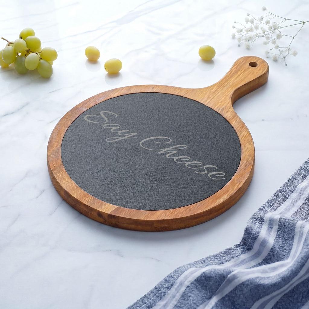 Engraved 'Say Cheese' Charcuterie Board with Slate Insert & Cheese Knives