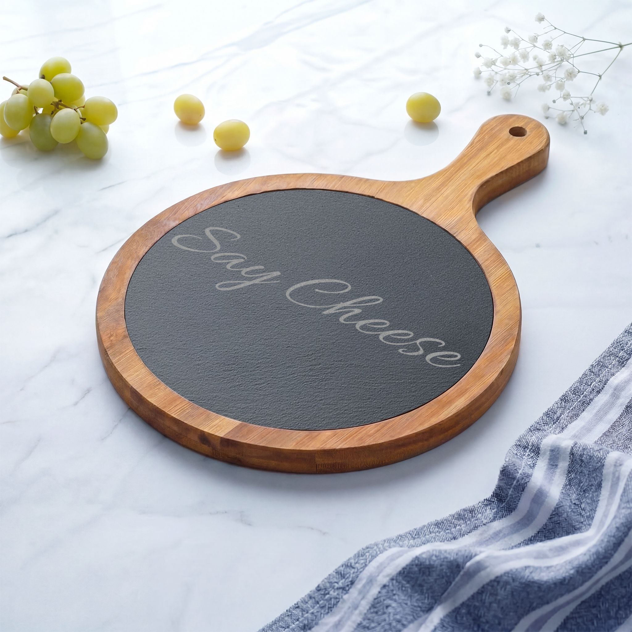 Engraved 'Say Cheese' Charcuterie Board with Slate Insert & Cheese Knives
