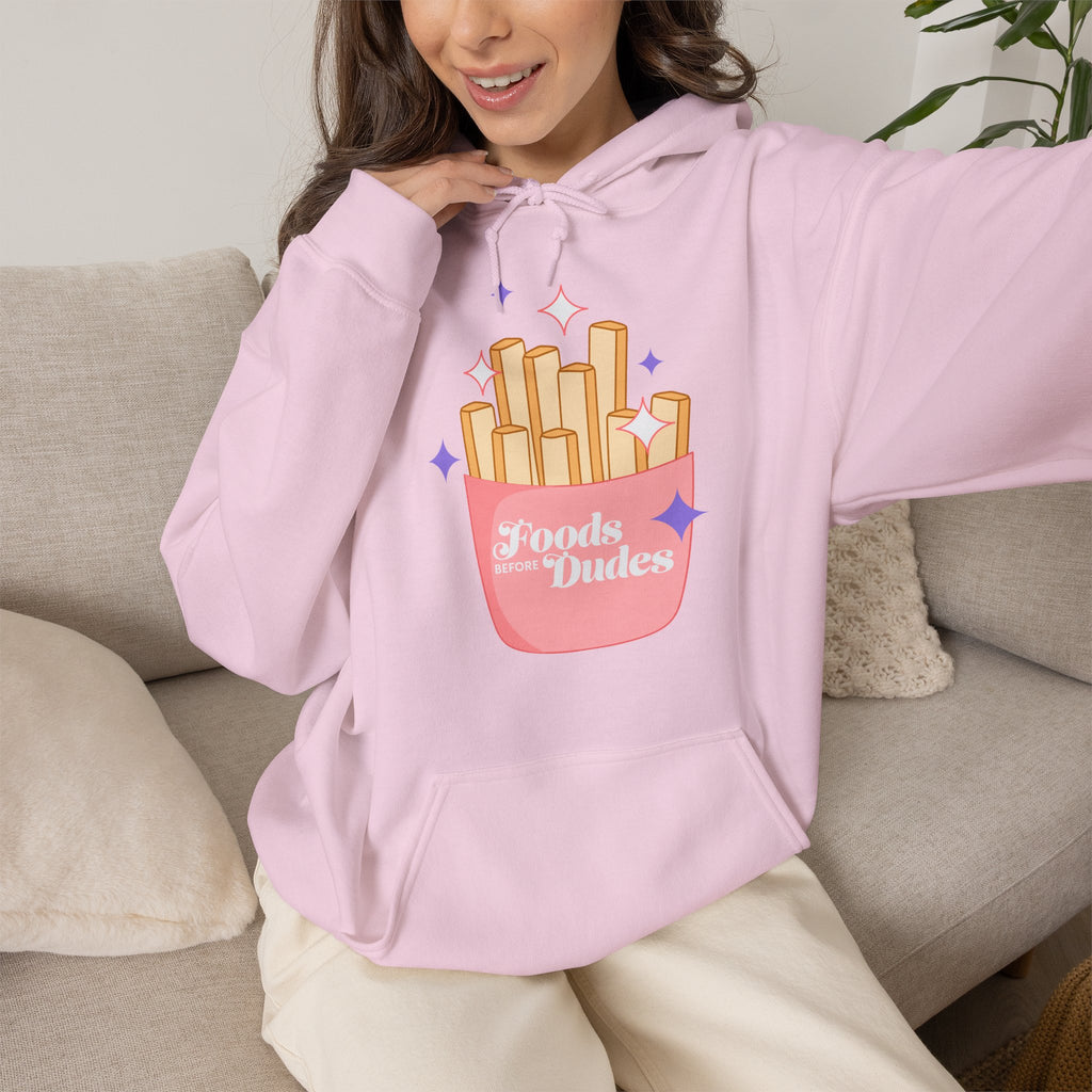Foods Before Dudes Funny Hoodie — Cute Pink French Fry Graphic Pullover