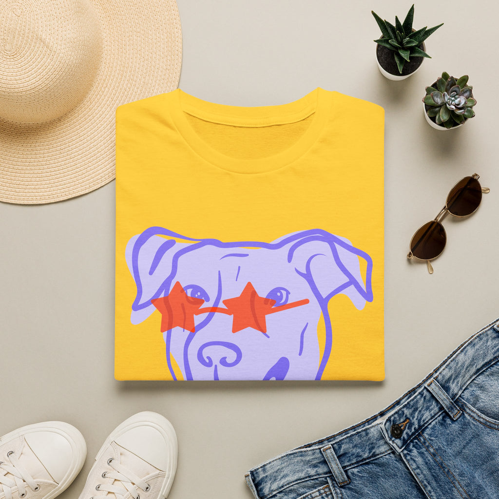 Star-Eyed Dog T-Shirt — Cute Purple Pup with Red Star Sunglasses Tee