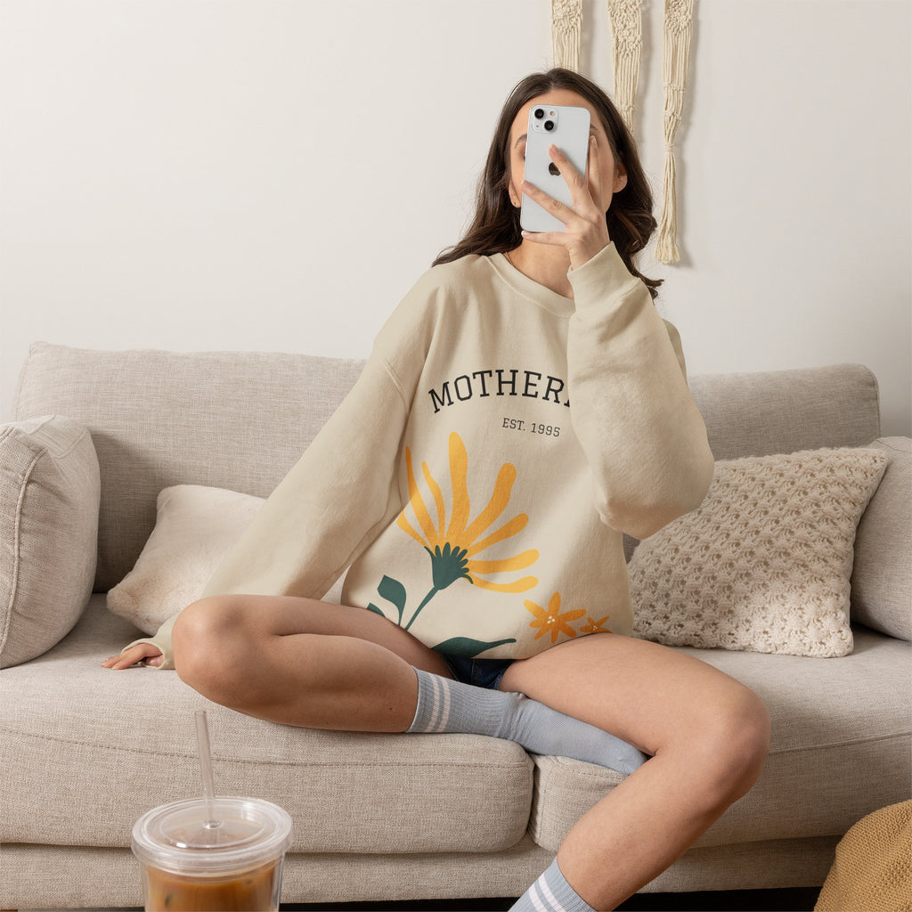 Motherhood Floral Crewneck Sweatshirt — 'Motherhood Est. 1985' Cozy Mom Gift