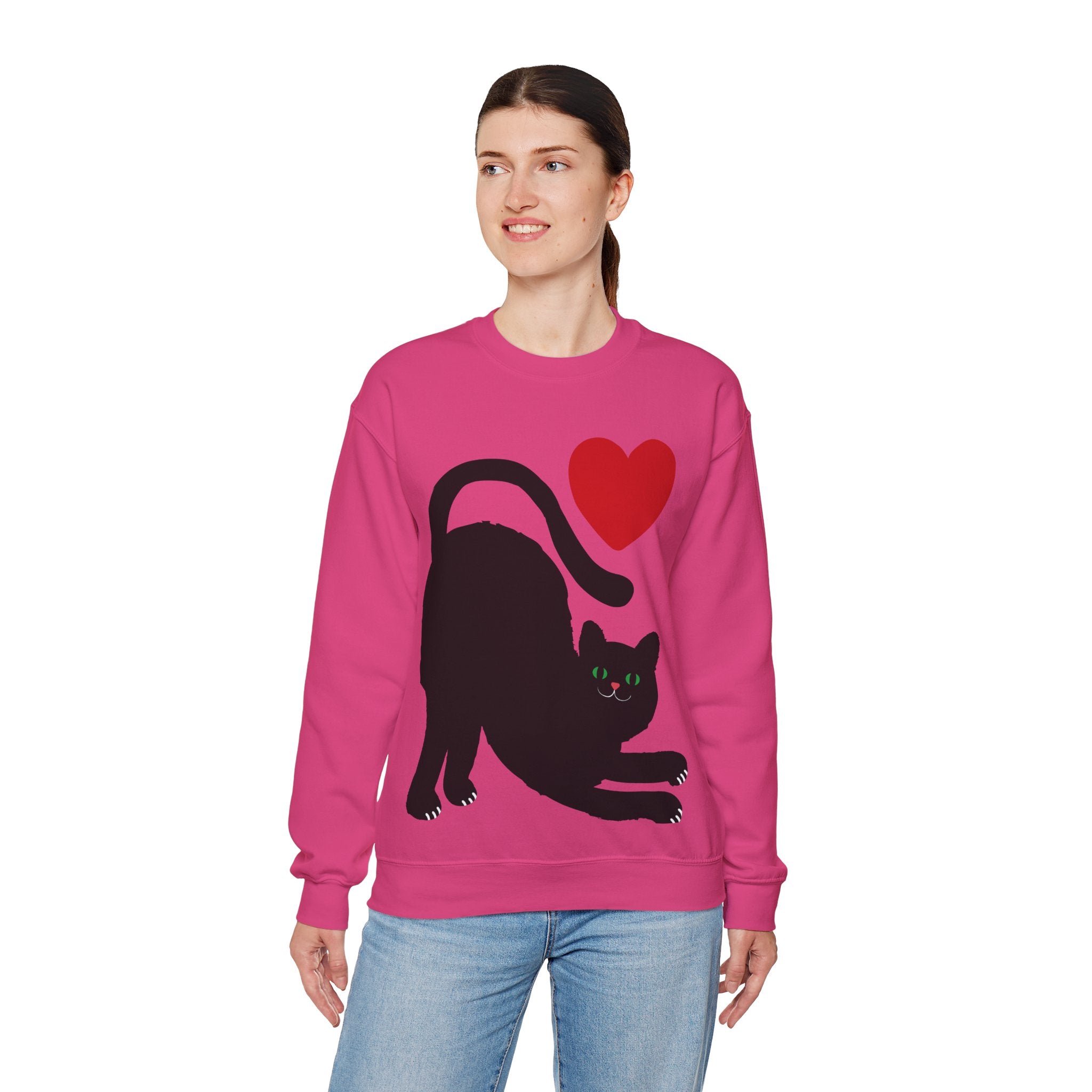 Cat Lover Sweatshirt — Black Cat with Heart Graphic