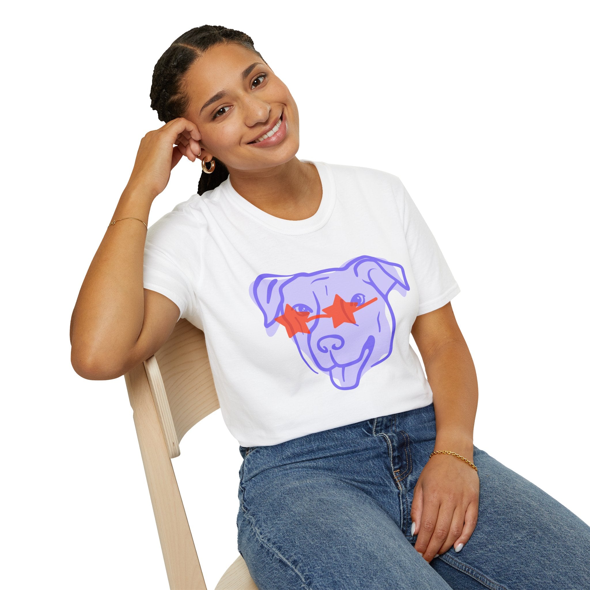 Star-Eyed Dog T-Shirt — Cute Purple Pup with Red Star Sunglasses Tee
