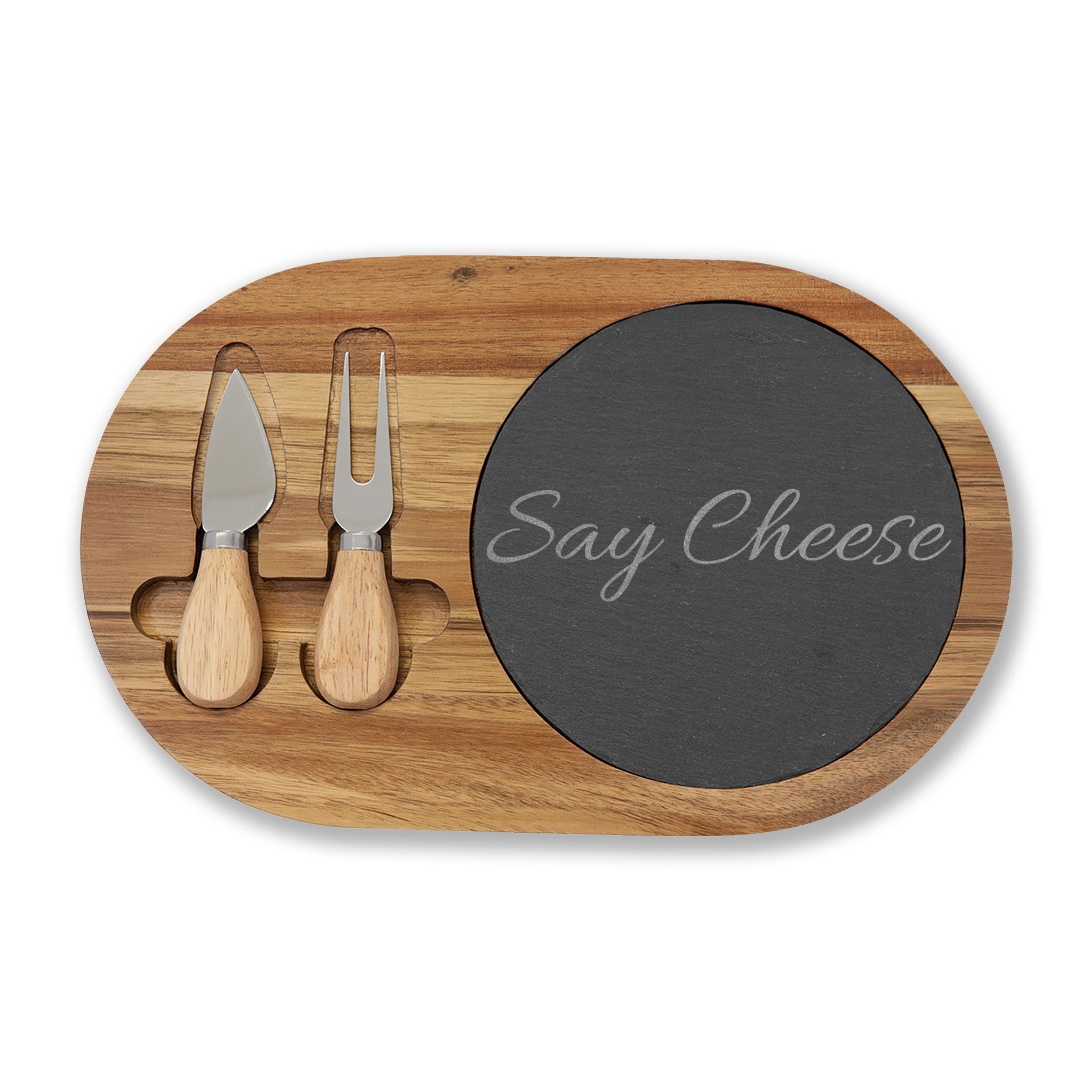 Engraved 'Say Cheese' Charcuterie Board with Slate Insert & Cheese Knives
