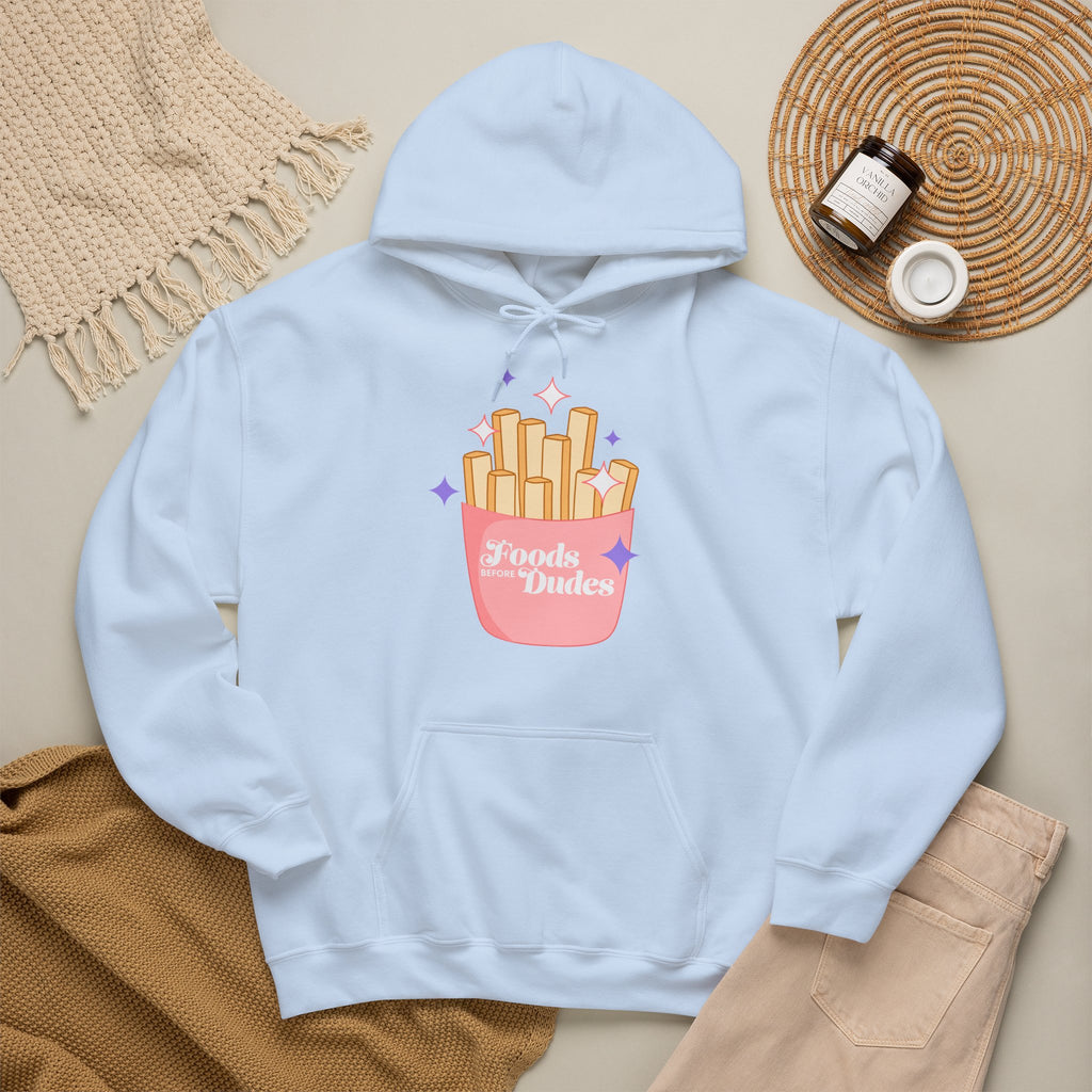 Foods Before Dudes Funny Hoodie — Cute Pink French Fry Graphic Pullover