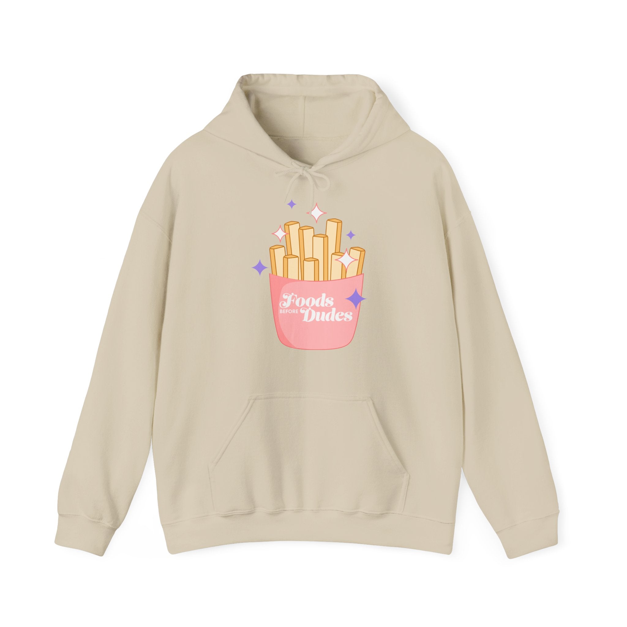 Foods Before Dudes Funny Hoodie — Cute Pink French Fry Graphic Pullover