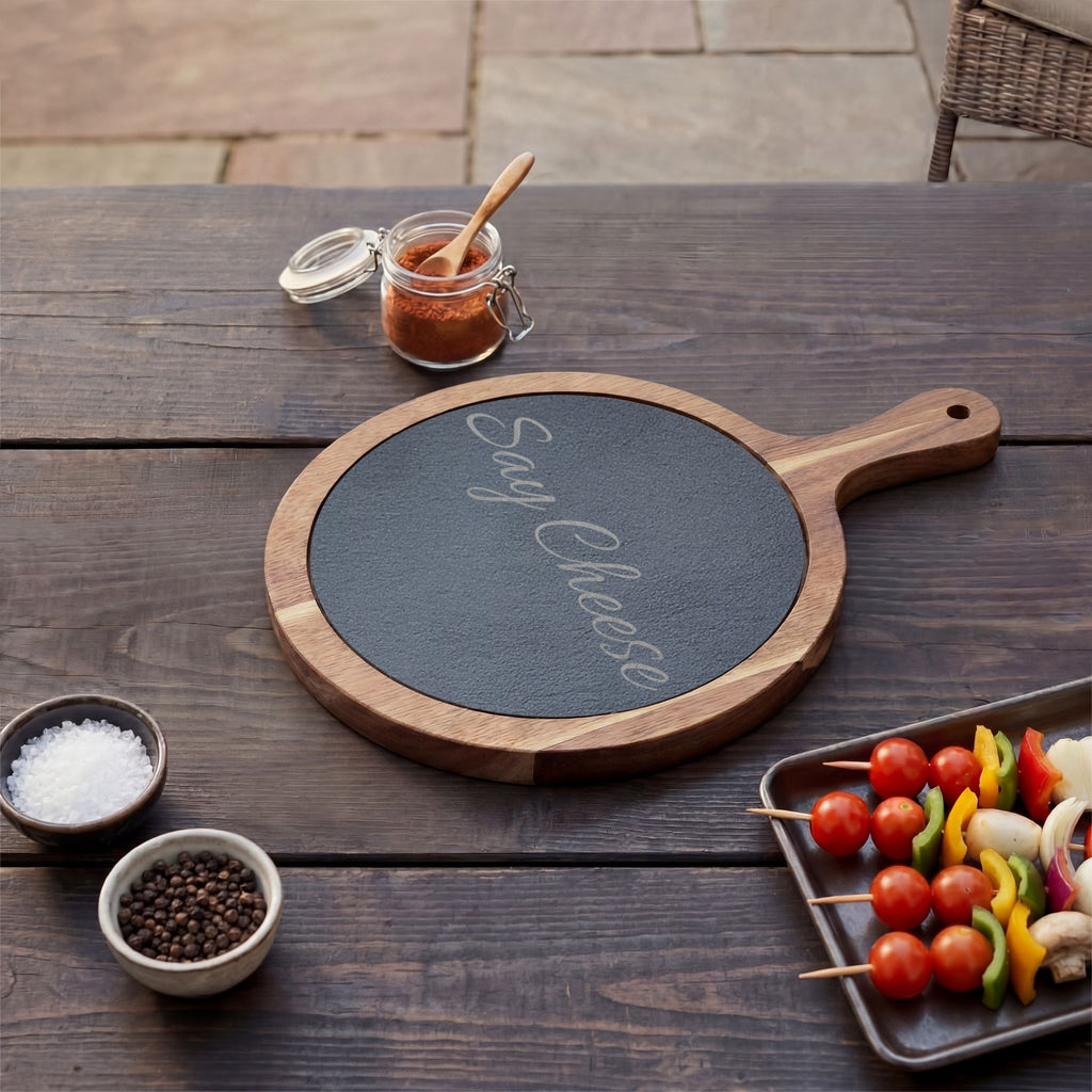 Engraved 'Say Cheese' Charcuterie Board with Slate Insert & Cheese Knives