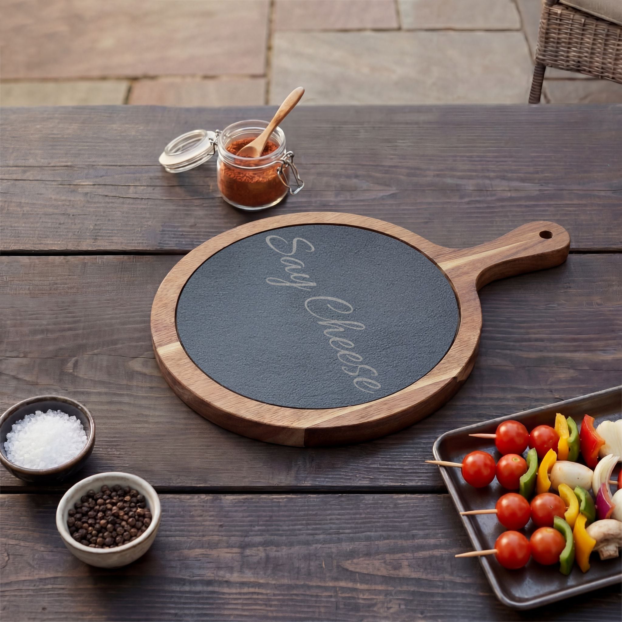 Engraved 'Say Cheese' Charcuterie Board with Slate Insert & Cheese Knives