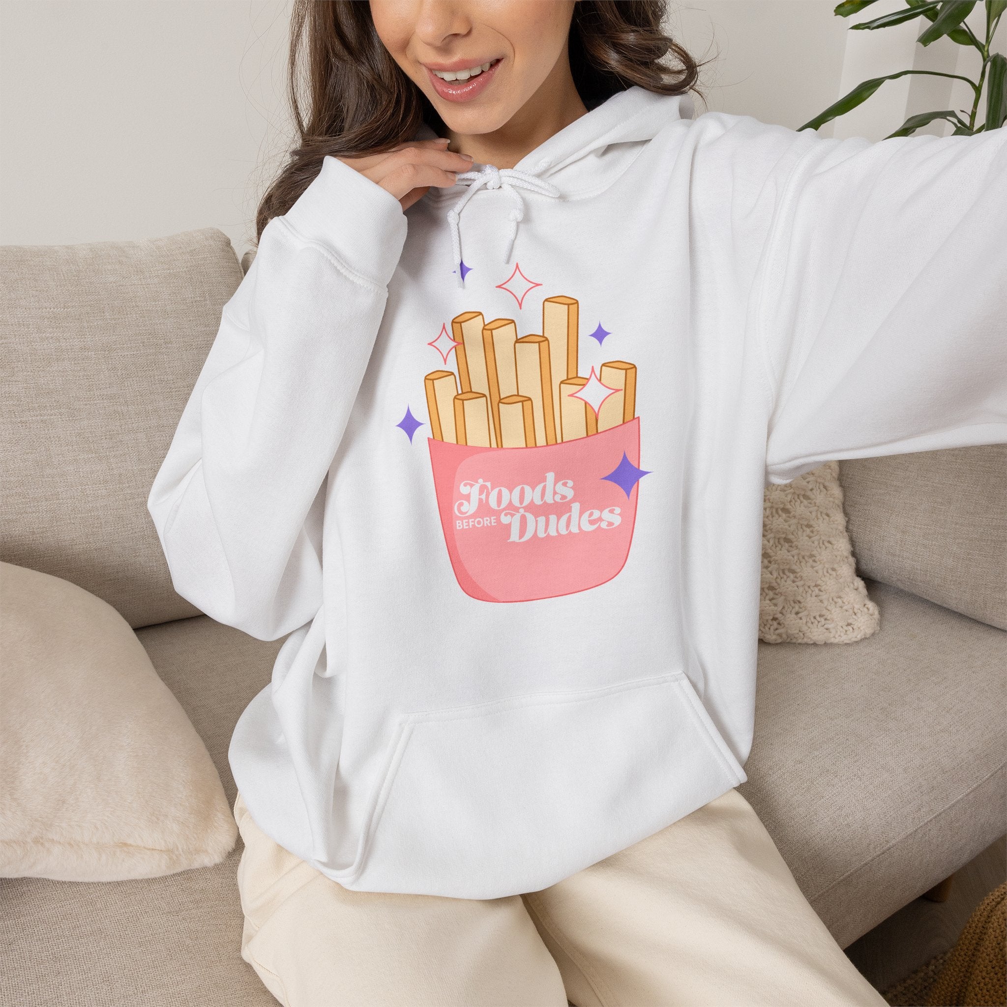 Foods Before Dudes Funny Hoodie — Cute Pink French Fry Graphic Pullover