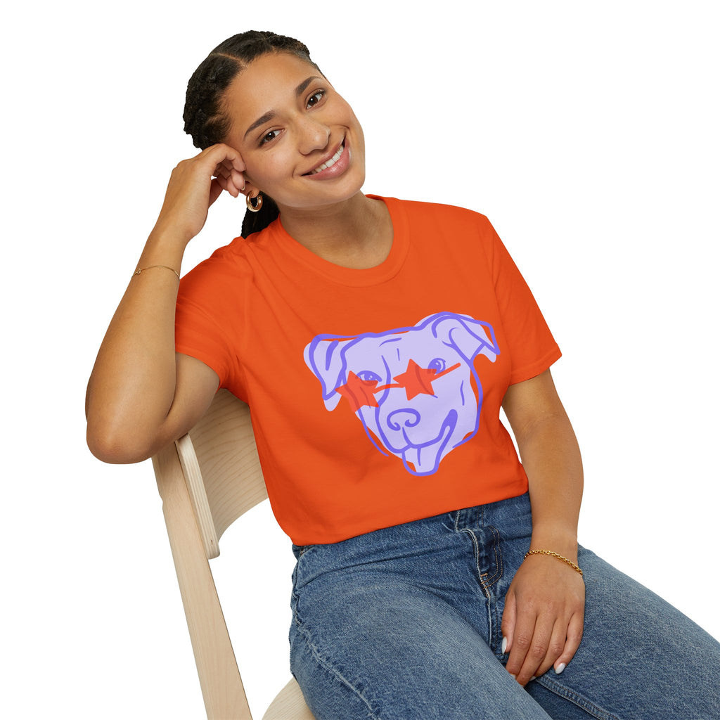 Star-Eyed Dog T-Shirt — Cute Purple Pup with Red Star Sunglasses Tee
