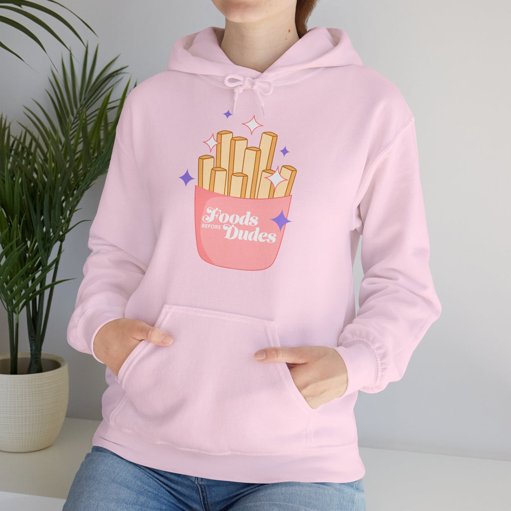 Foods Before Dudes Funny Hoodie — Cute Pink French Fry Graphic Pullover
