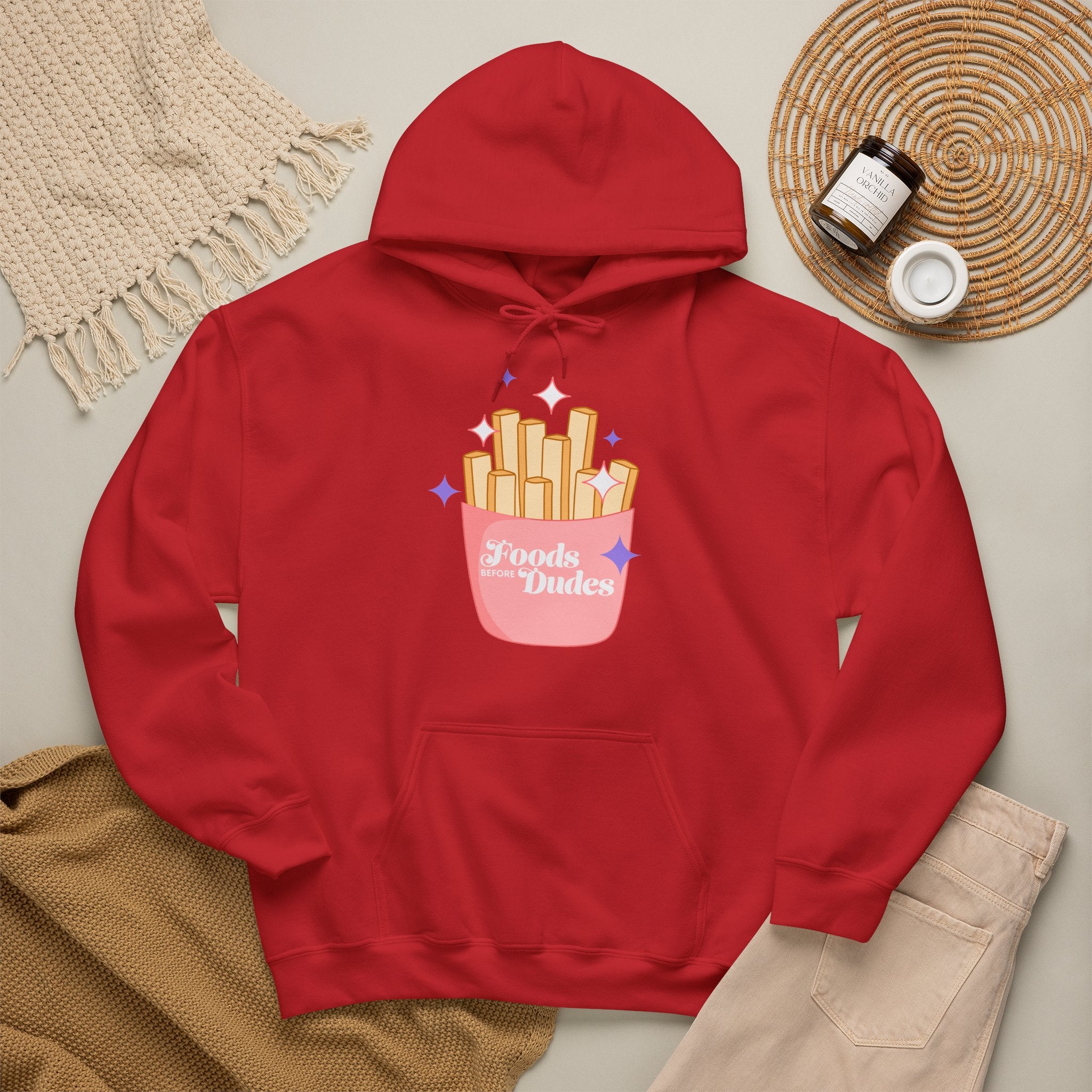 Foods Before Dudes Funny Hoodie — Cute Pink French Fry Graphic Pullover