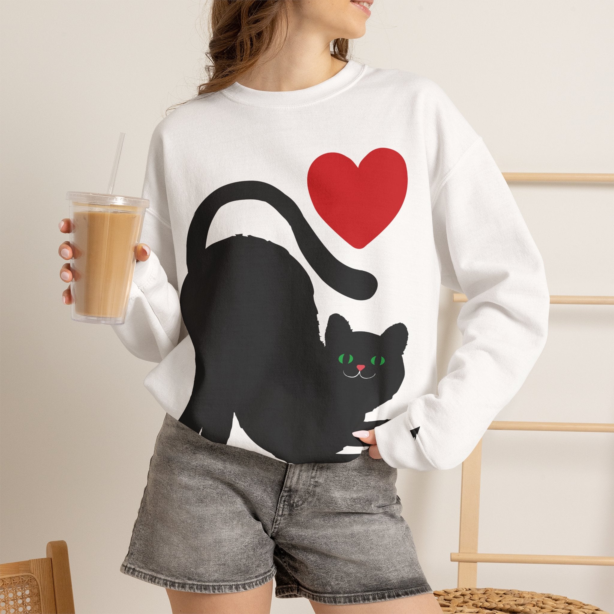 Cat Lover Sweatshirt — Black Cat with Heart Graphic