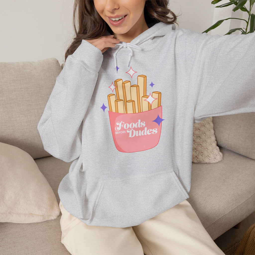 Foods Before Dudes Funny Hoodie — Cute Pink French Fry Graphic Pullover