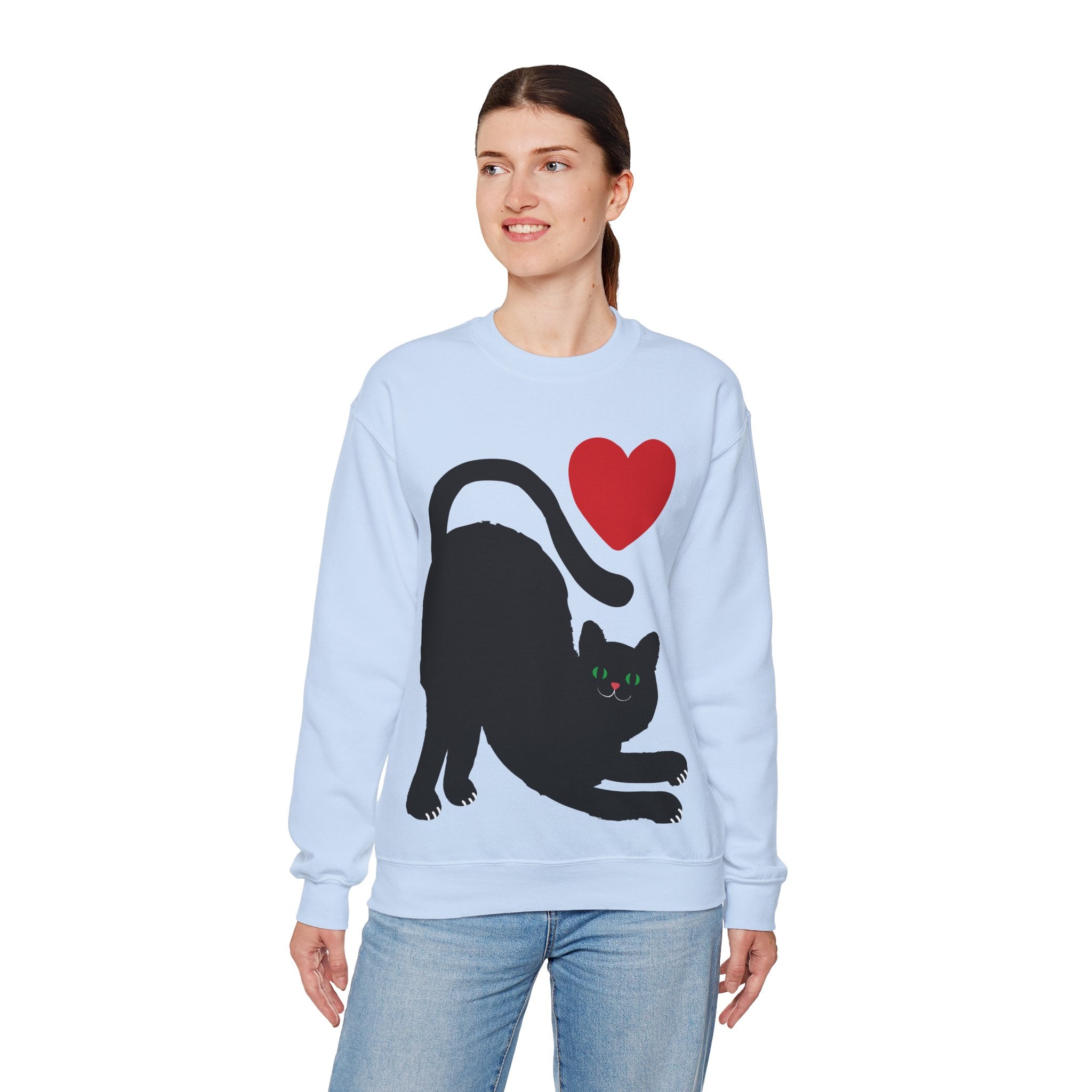 Cat Lover Sweatshirt — Black Cat with Heart Graphic