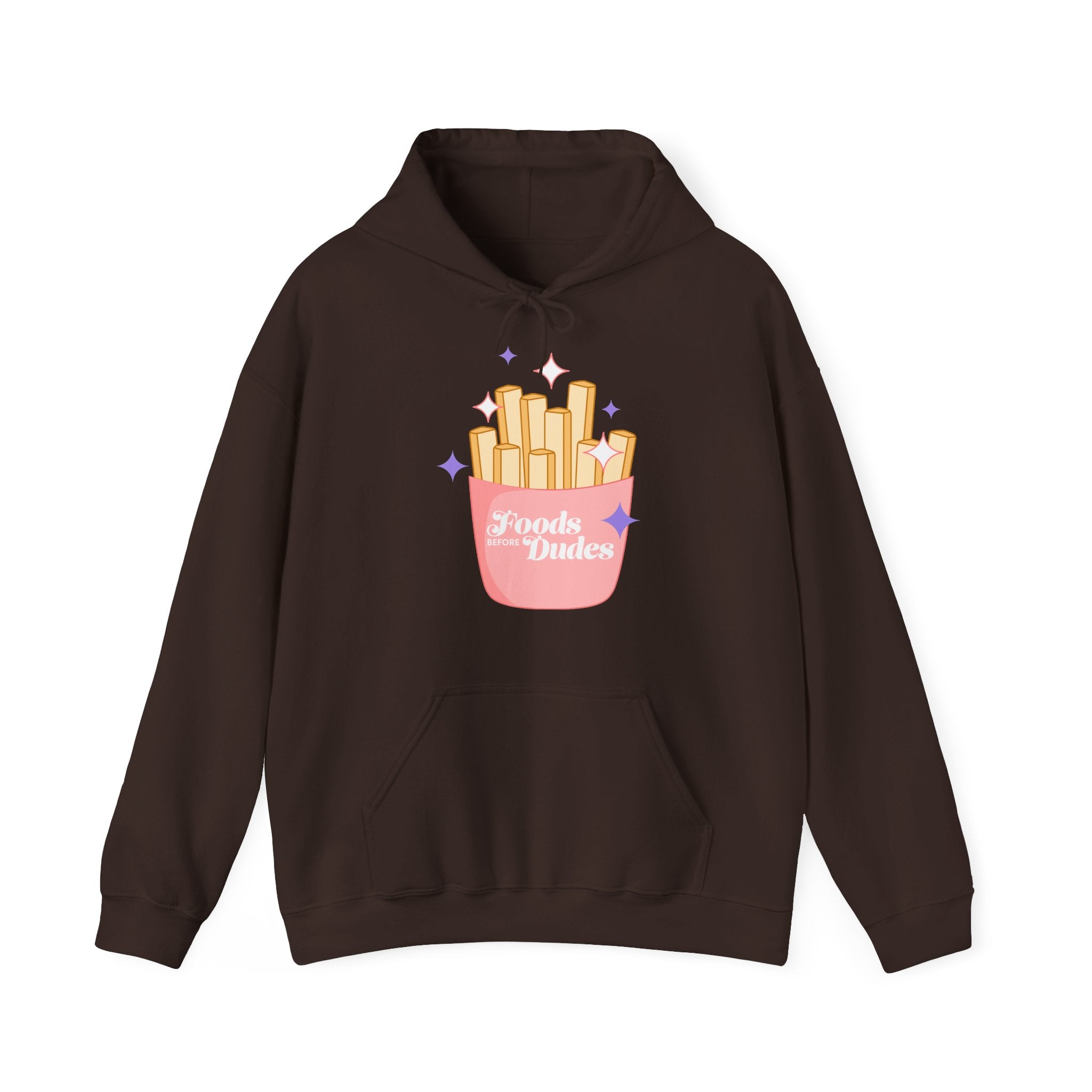 Foods Before Dudes Funny Hoodie — Cute Pink French Fry Graphic Pullover