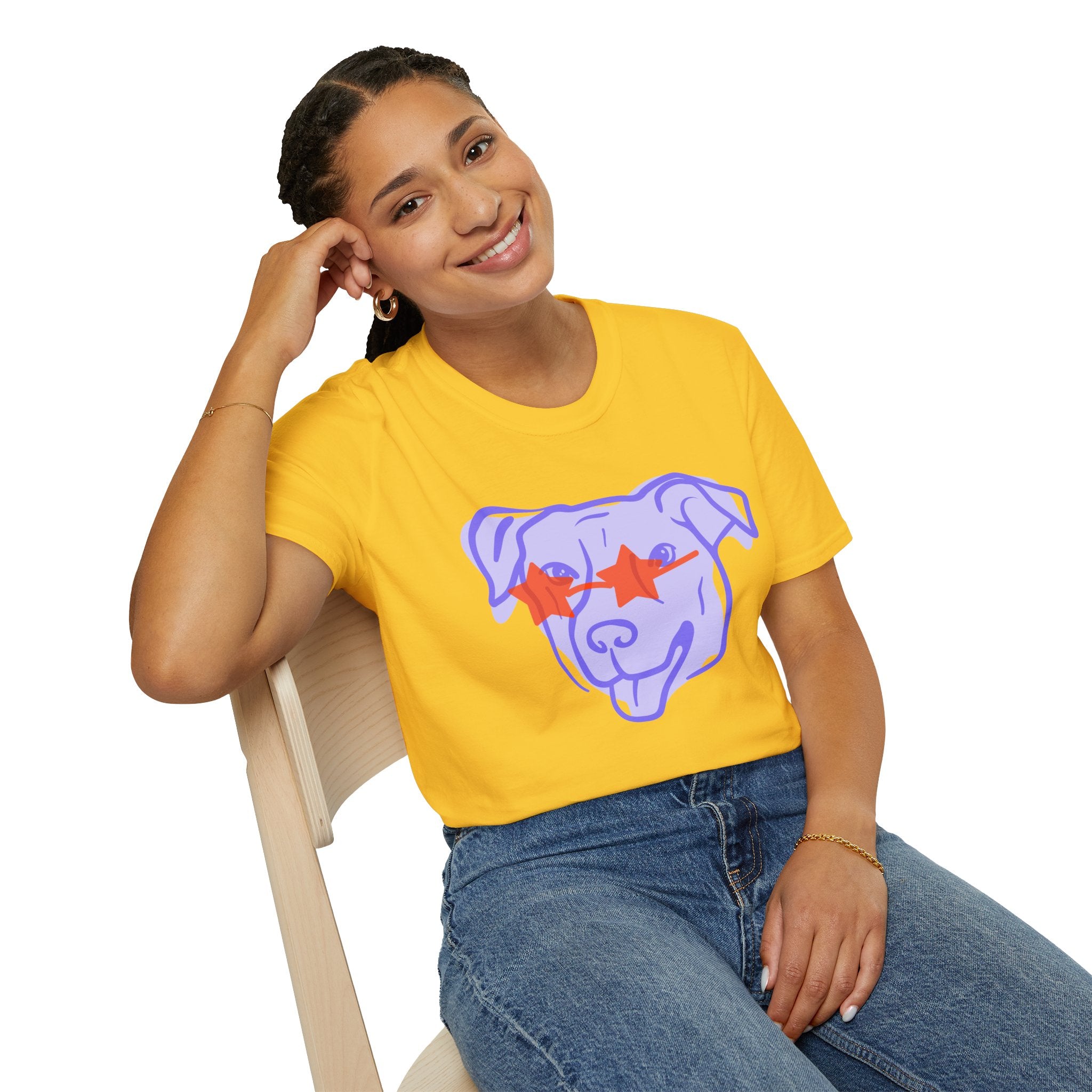 Star-Eyed Dog T-Shirt — Cute Purple Pup with Red Star Sunglasses Tee