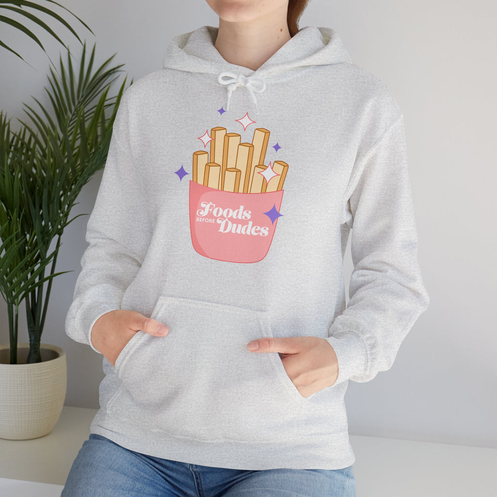 Foods Before Dudes Funny Hoodie — Cute Pink French Fry Graphic Pullover