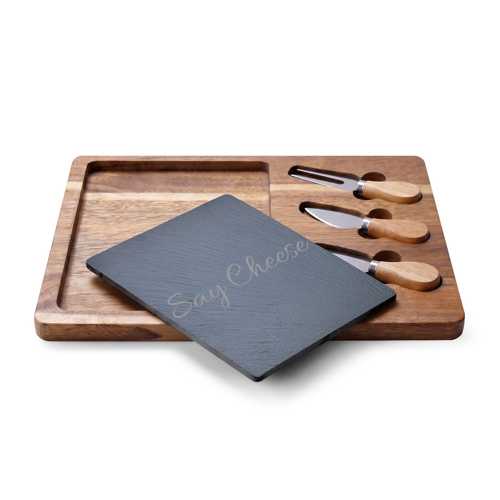 Engraved 'Say Cheese' Charcuterie Board with Slate Insert & Cheese Knives