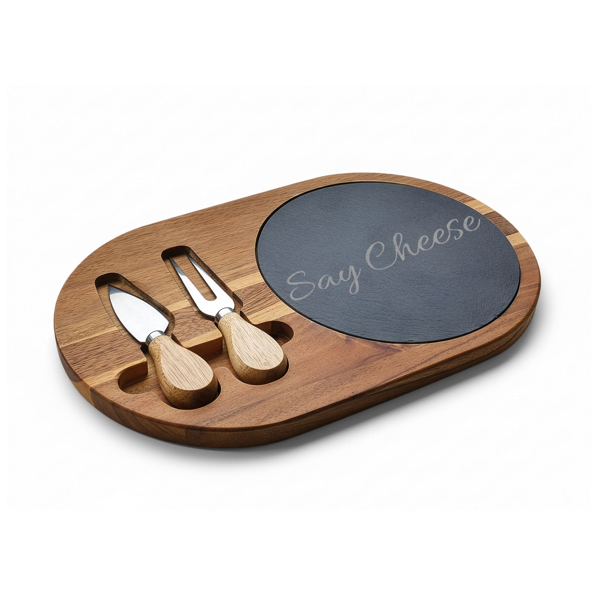 Engraved 'Say Cheese' Charcuterie Board with Slate Insert & Cheese Knives
