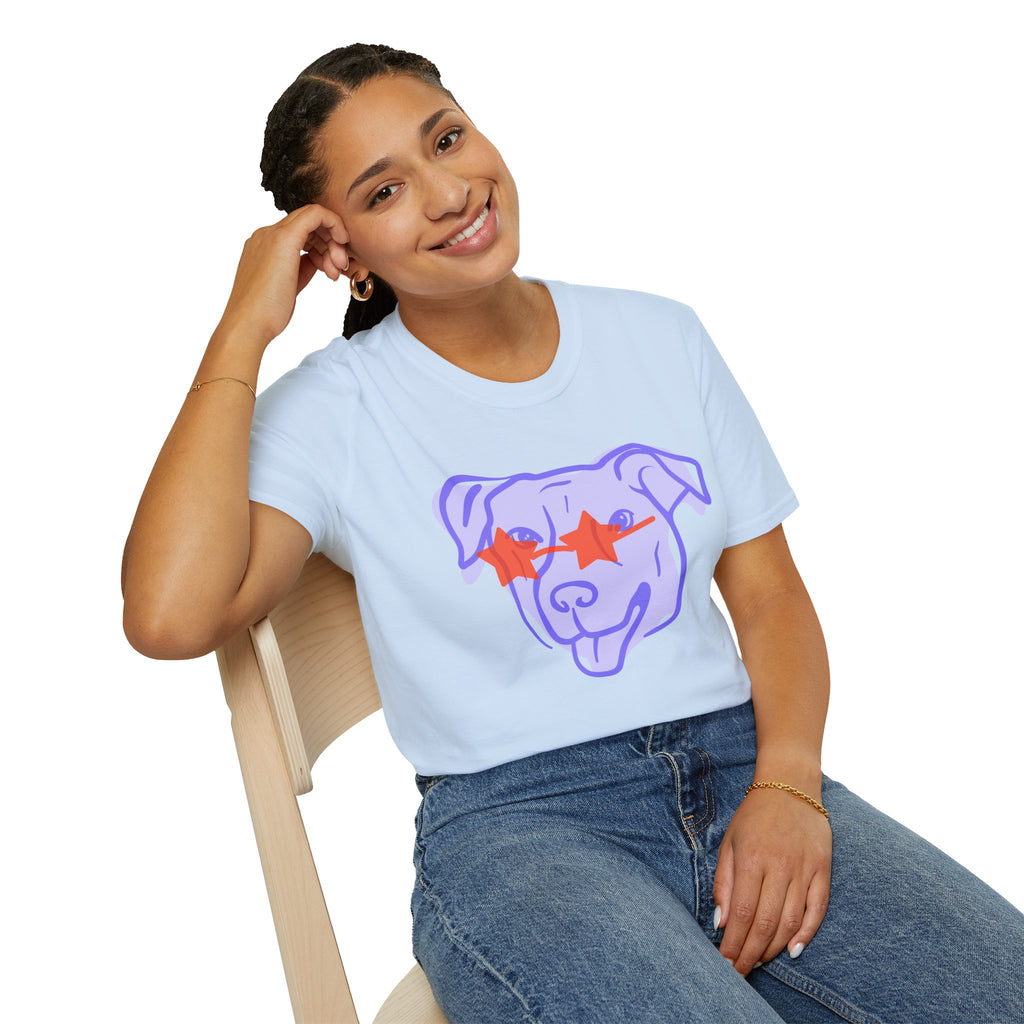 Star-Eyed Dog T-Shirt — Cute Purple Pup with Red Star Sunglasses Tee