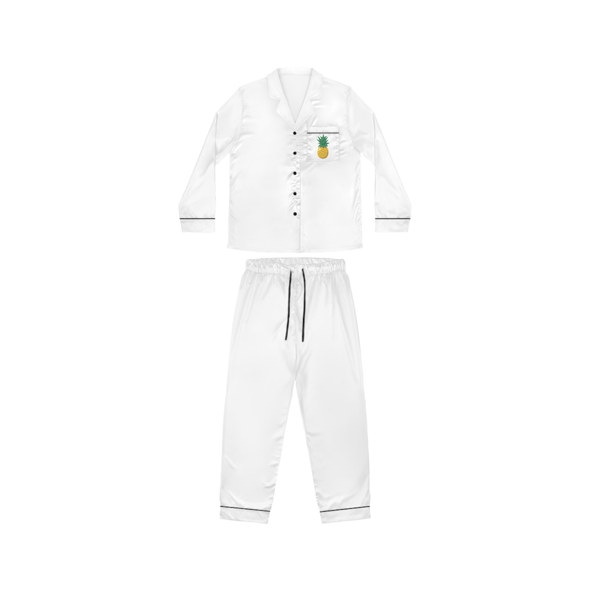 White Satin Women's Pajama Set with Pineapple Pocket Embroidery