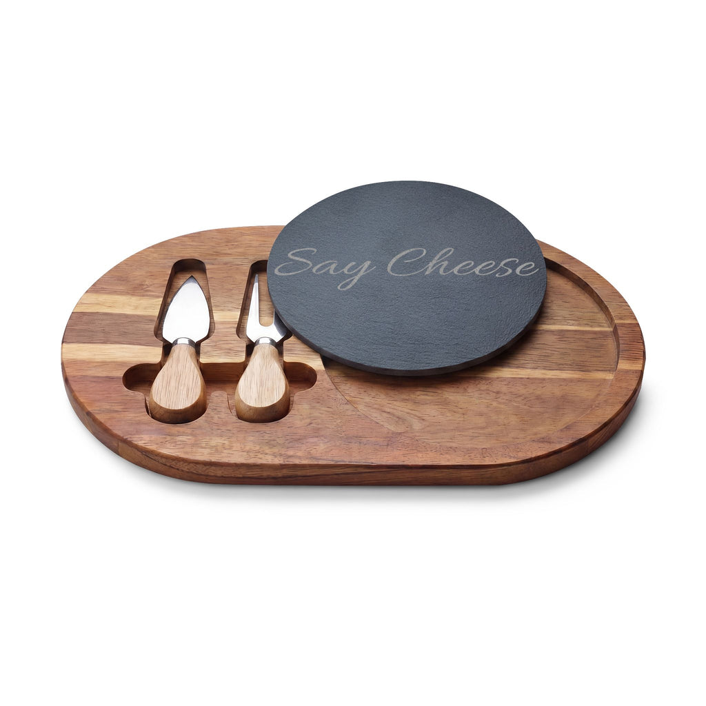 Engraved 'Say Cheese' Charcuterie Board with Slate Insert & Cheese Knives