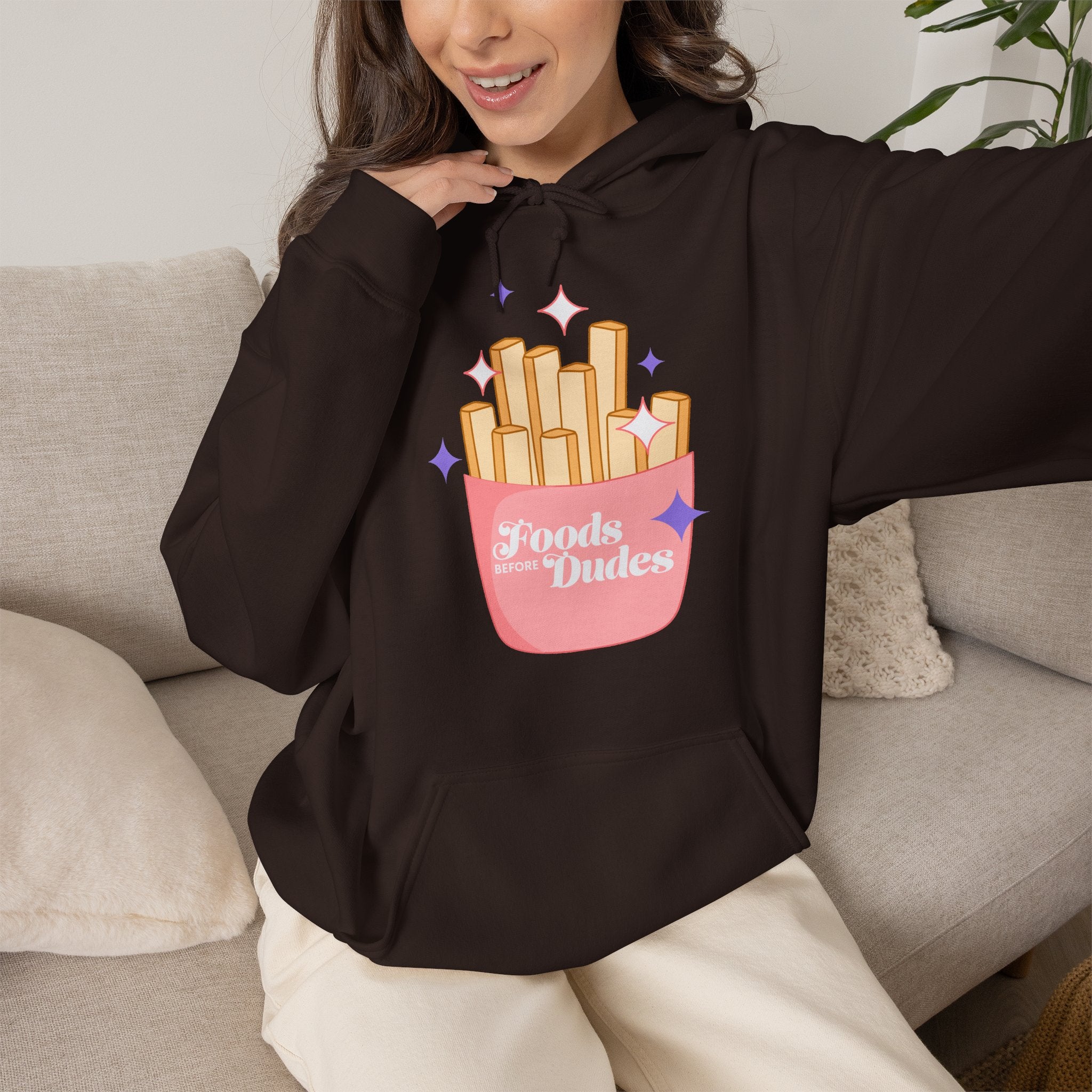 Foods Before Dudes Funny Hoodie — Cute Pink French Fry Graphic Pullover