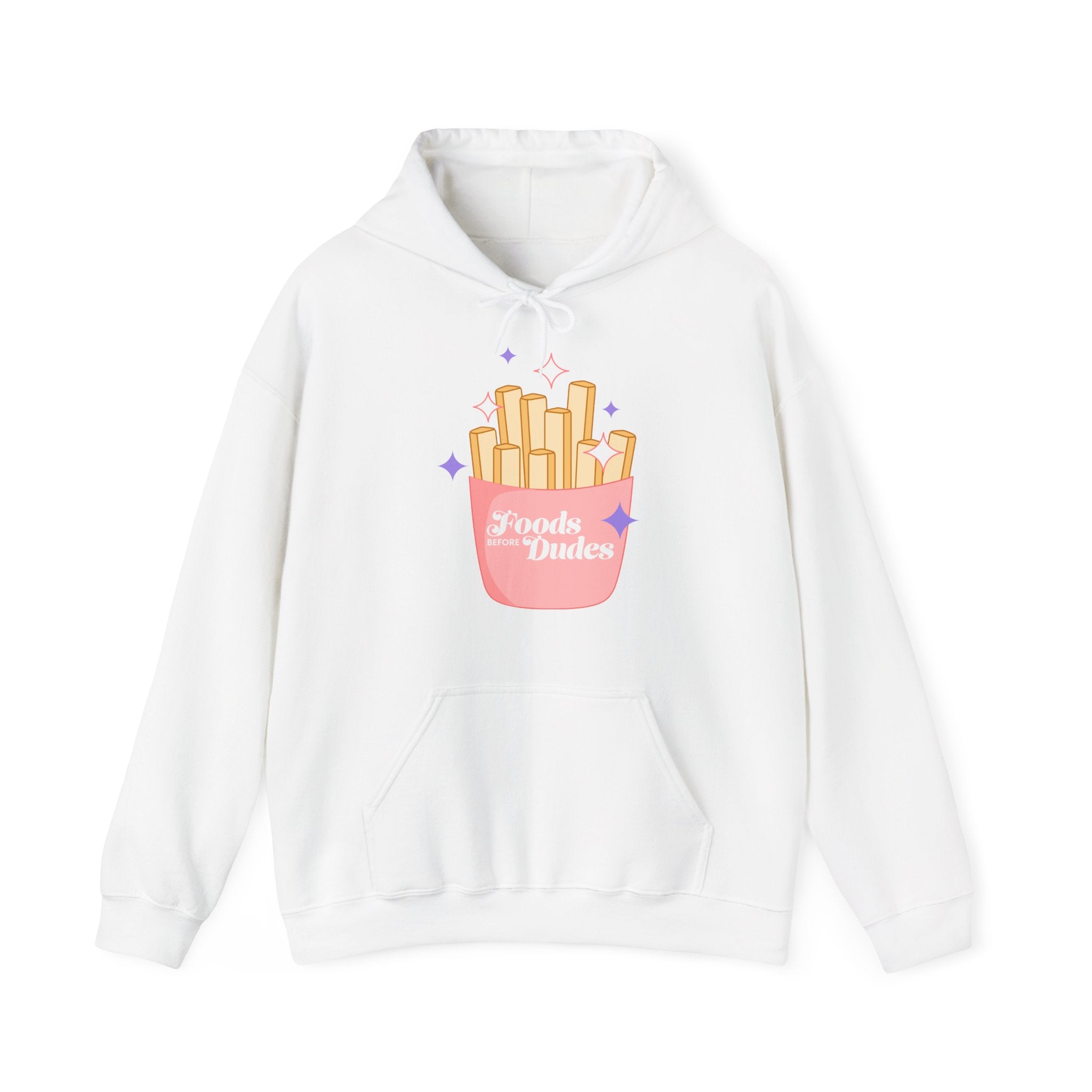 Foods Before Dudes Funny Hoodie — Cute Pink French Fry Graphic Pullover