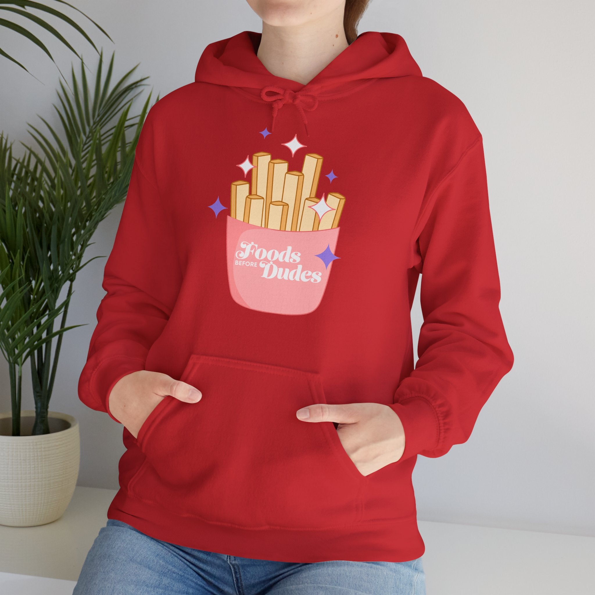 Foods Before Dudes Funny Hoodie — Cute Pink French Fry Graphic Pullover