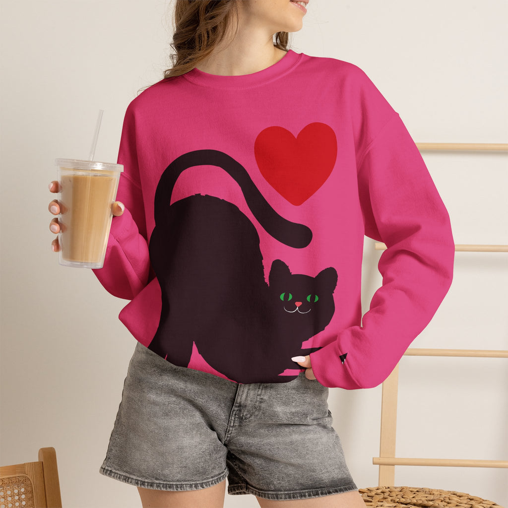 Cat Lover Sweatshirt — Black Cat with Heart Graphic