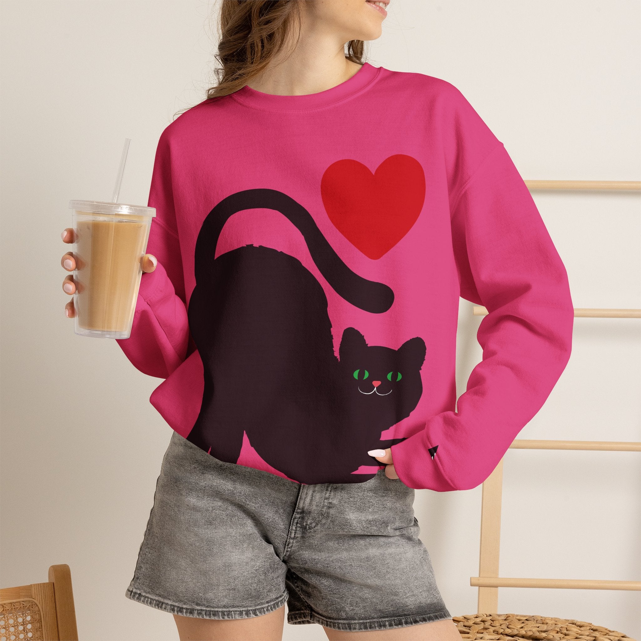 Cat Lover Sweatshirt — Black Cat with Heart Graphic
