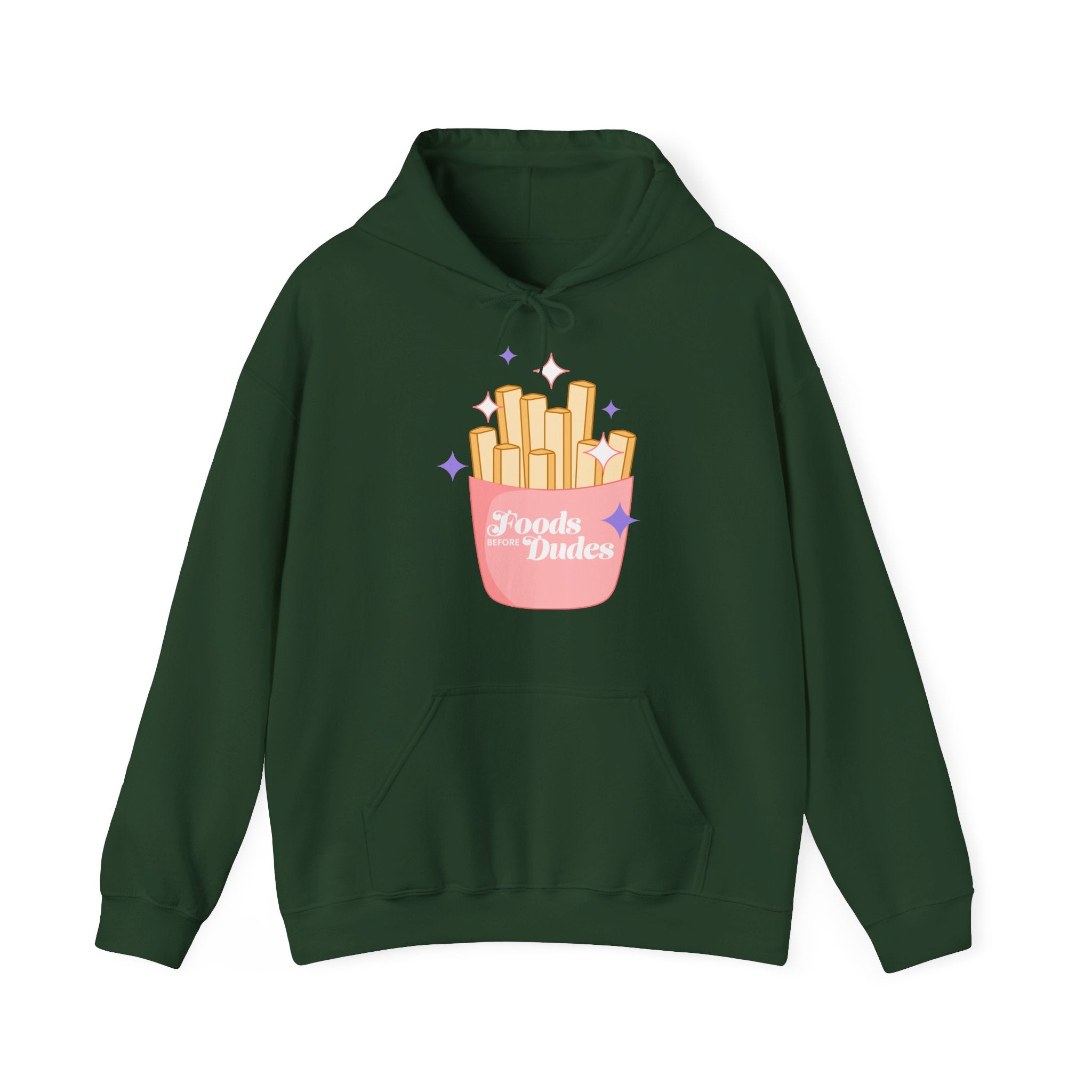 Foods Before Dudes Funny Hoodie — Cute Pink French Fry Graphic Pullover