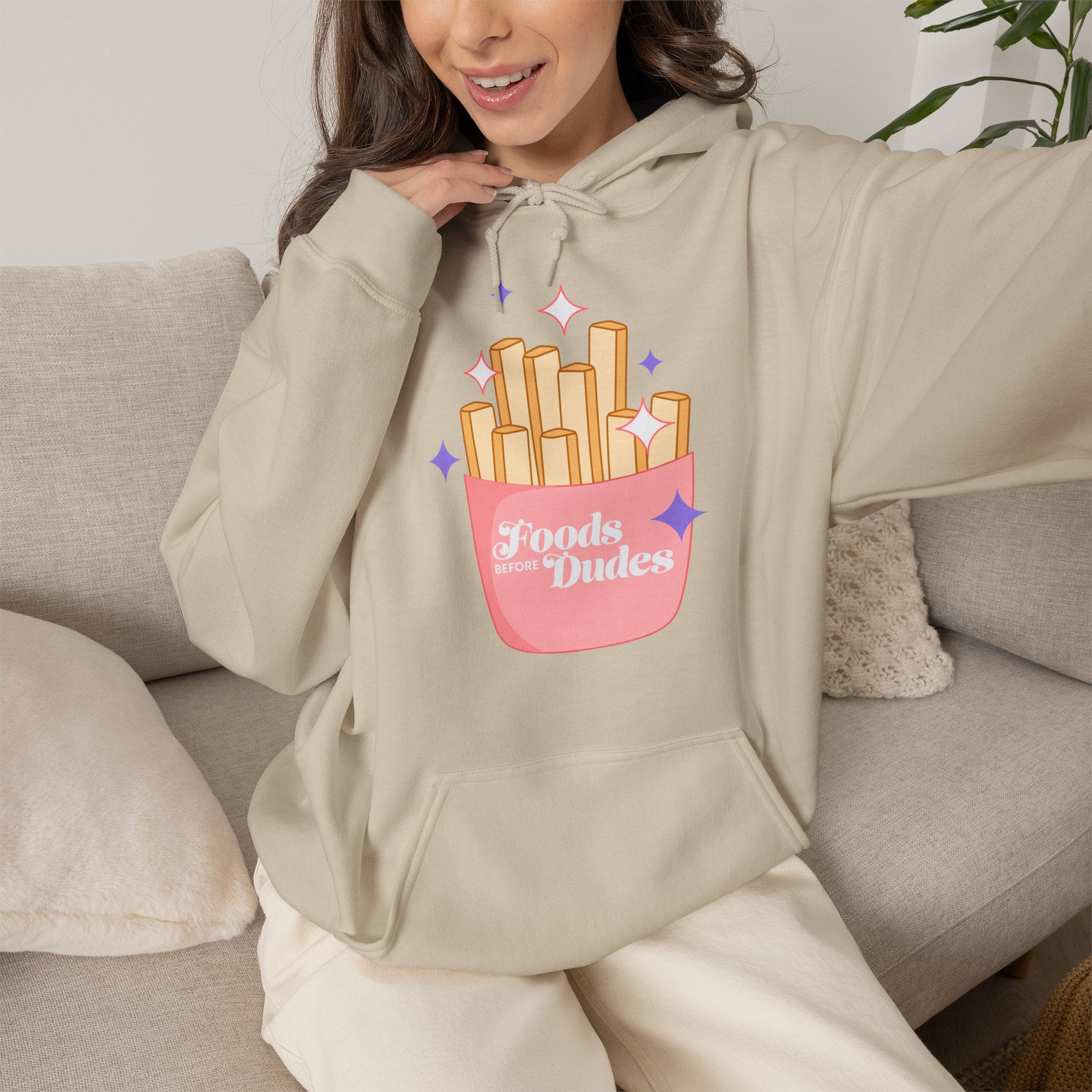Foods Before Dudes Funny Hoodie — Cute Pink French Fry Graphic Pullover