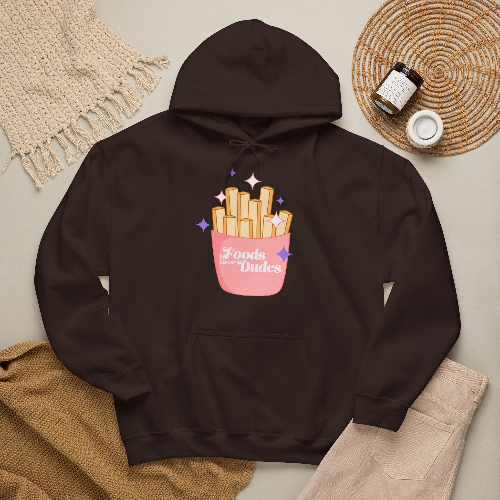 Foods Before Dudes Funny Hoodie — Cute Pink French Fry Graphic Pullover