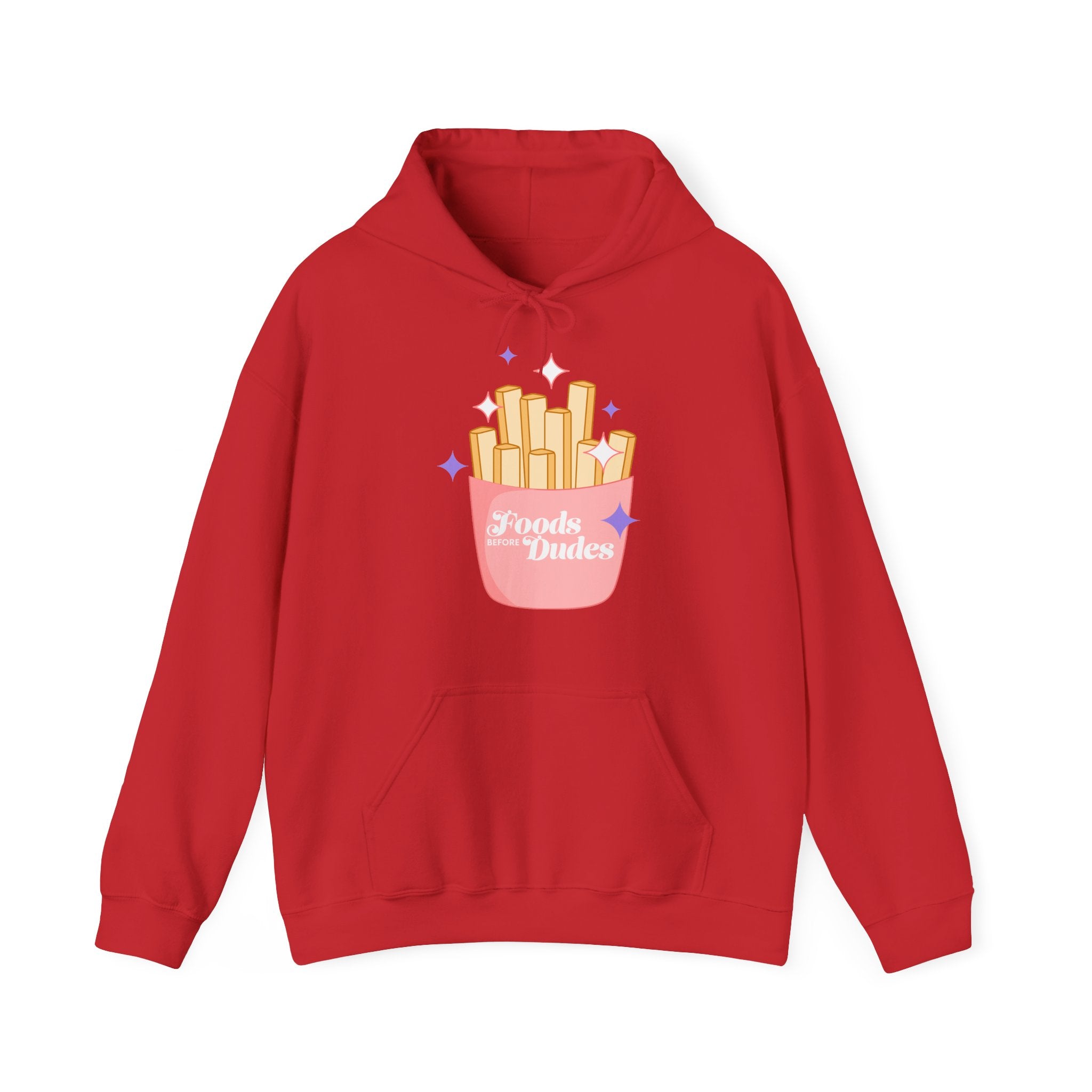 Foods Before Dudes Funny Hoodie — Cute Pink French Fry Graphic Pullover