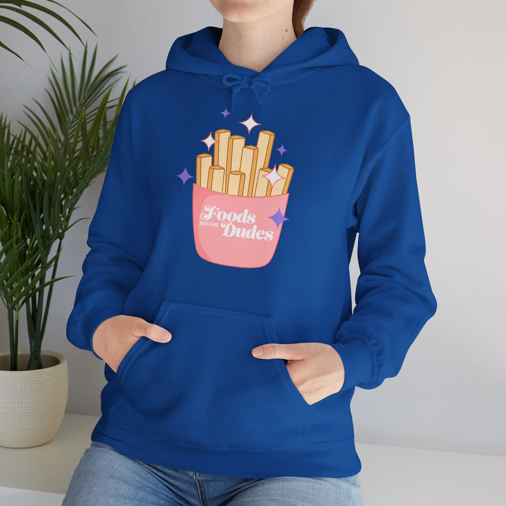 Foods Before Dudes Funny Hoodie — Cute Pink French Fry Graphic Pullover